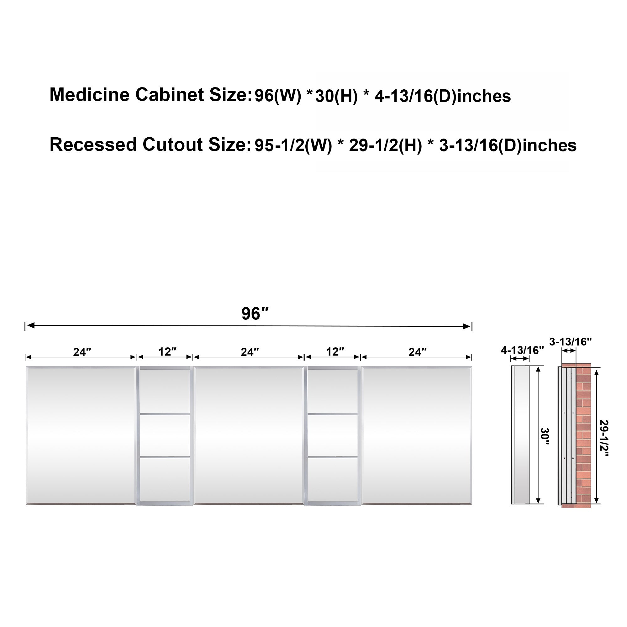 96 in.×30 in.H Aluminum Copper-Free Mirror Medicine Cabinet with Beveled Mirror Door and Open Shelf Storage Set