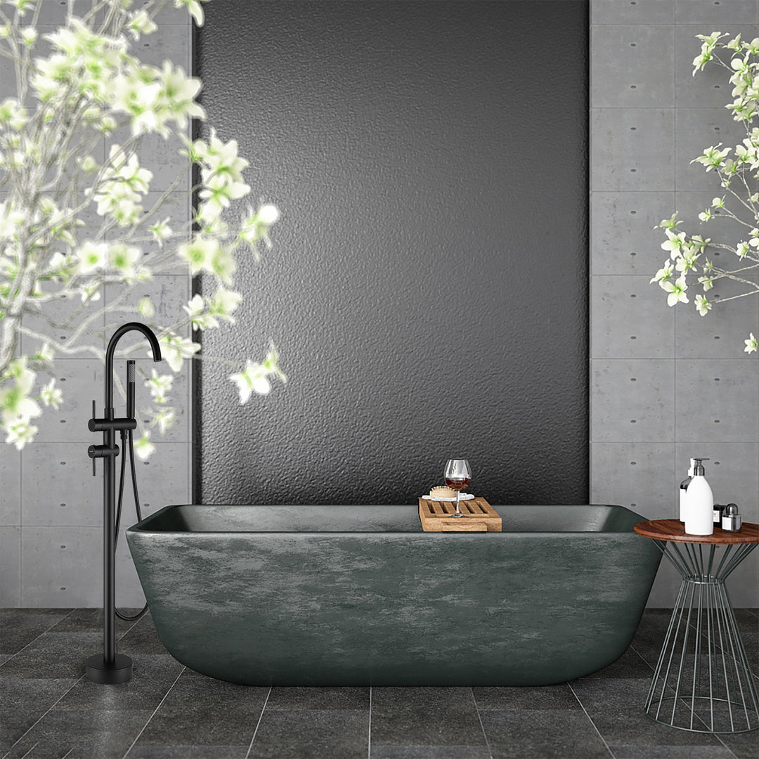 2-Handle Free Standing Floor Mount Bathroom Tub Faucets with Handheld Shower in Matte Black