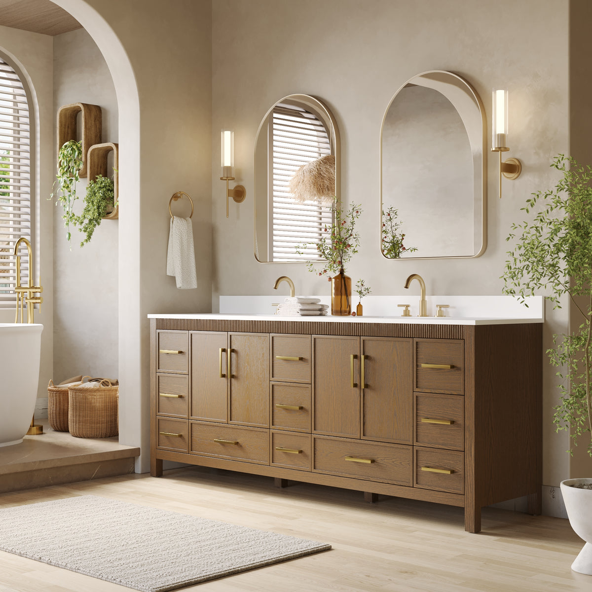 84 Inch Freestanding Solid Wood Bathroom Vanity with Pure White Quartz Countertop, 4 Soft-Close Doors & 11 Dovetail Drawers, Walnut