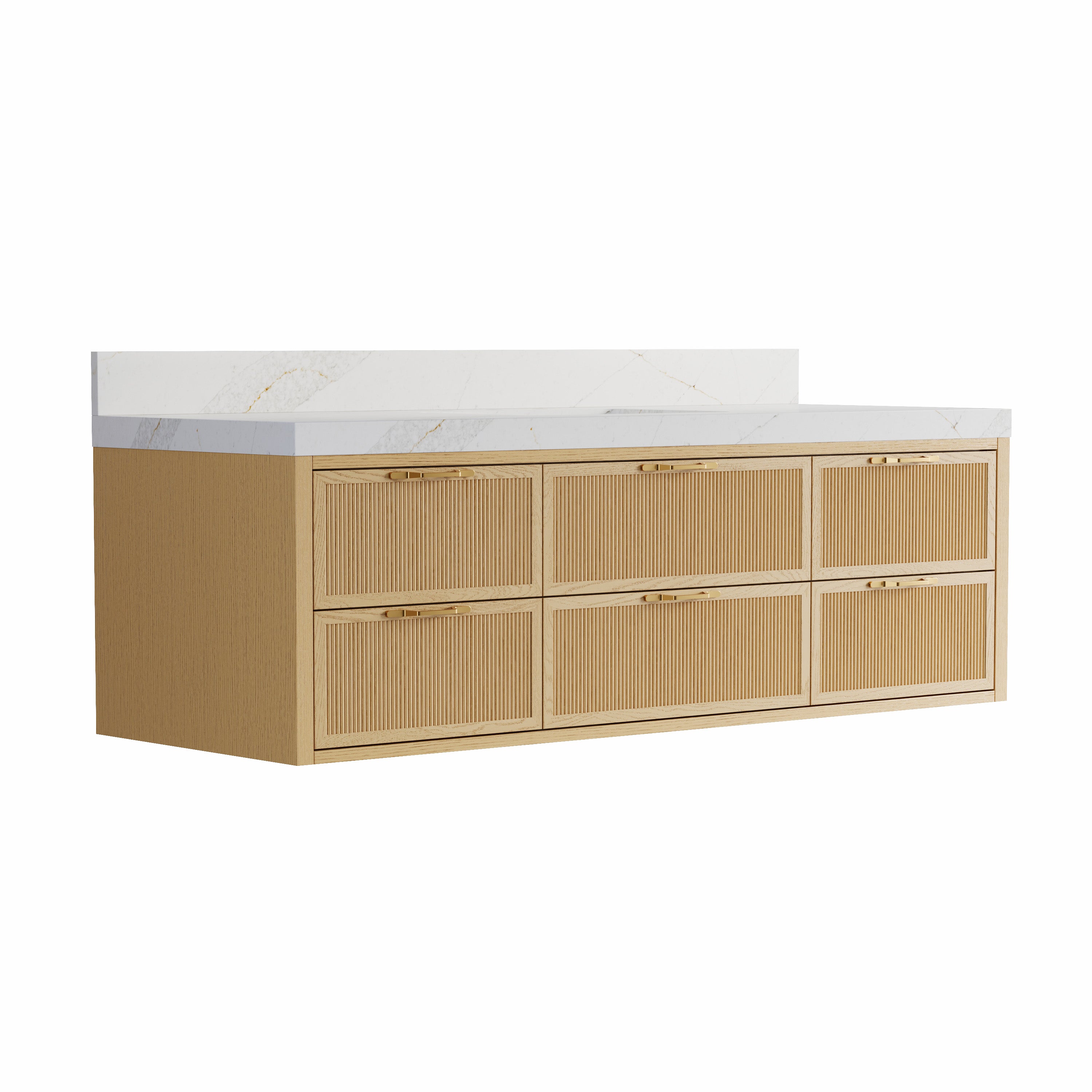 60-Inch Solid Oak Floating Bathroom Vanity with Calacatta Quartz Countertop, 6 Soft-Close Fluted Drawers