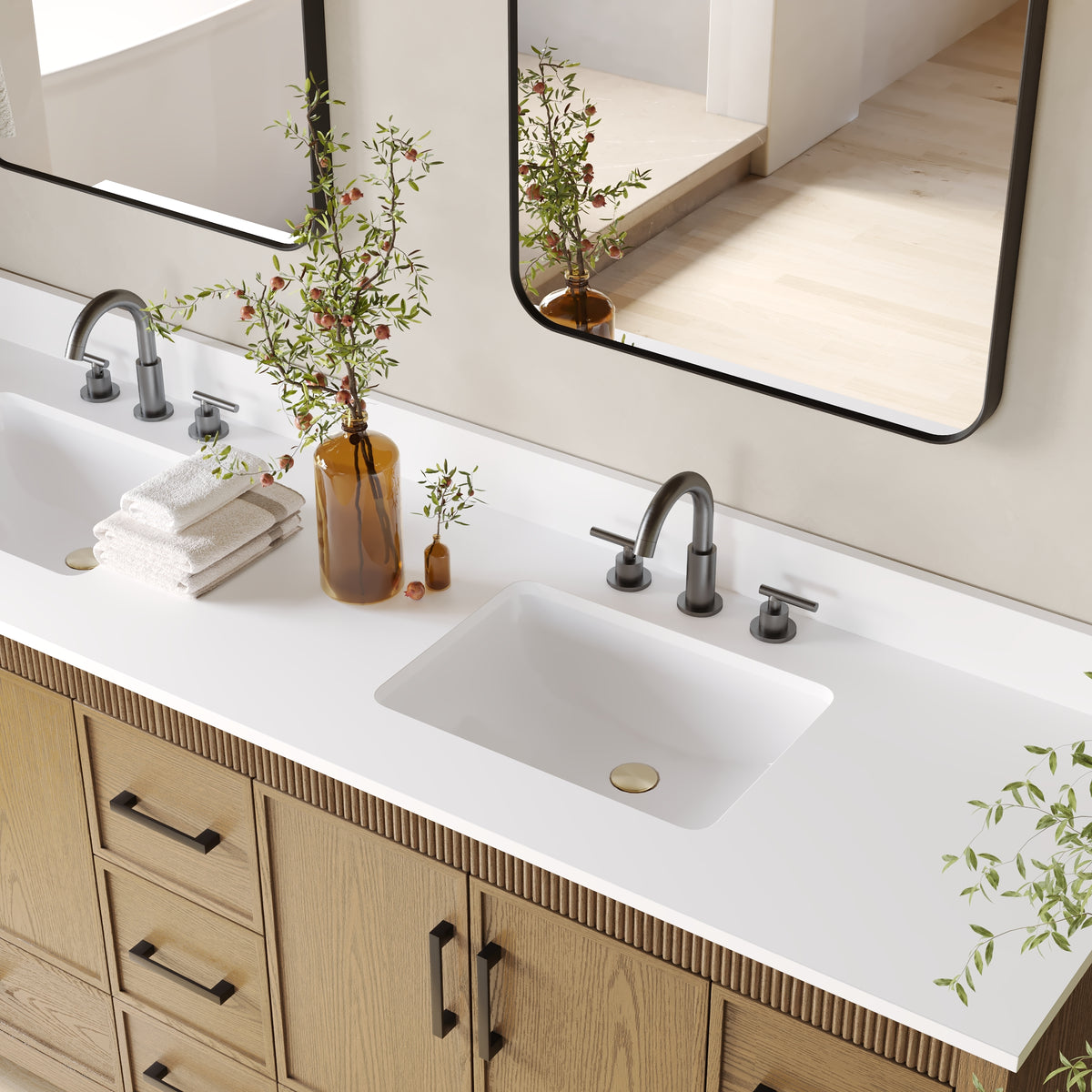 84 Inch Freestanding Solid Wood Bathroom Vanity with Pure White Quartz Countertop, 4 Soft-Close Doors & 11 Dovetail Drawers, Walnut