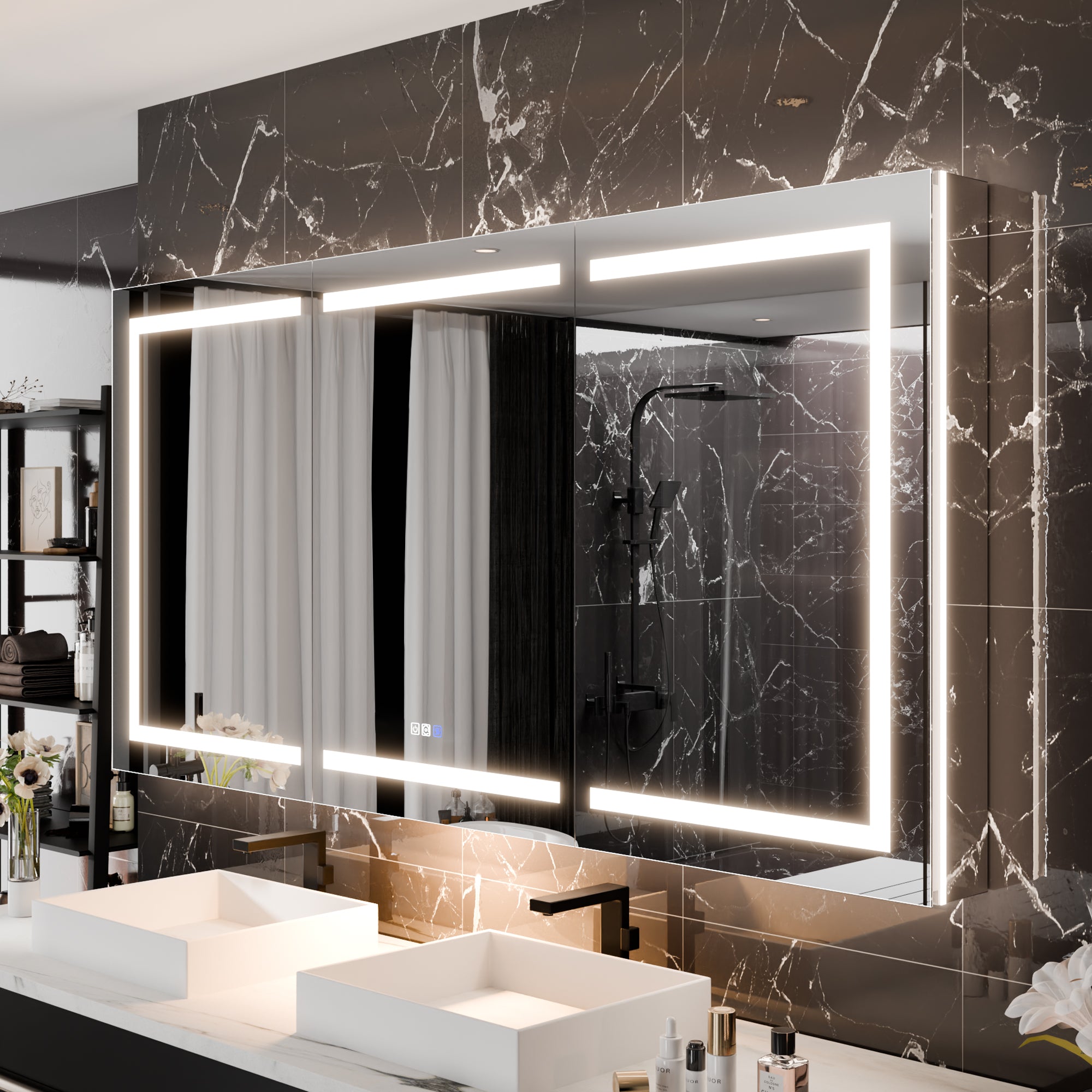 WELLFOR 72 in. x 36 in. Recessed/Surface Mount Right Medicine Cabinet with 5X Magnifier Mirror and Night Light