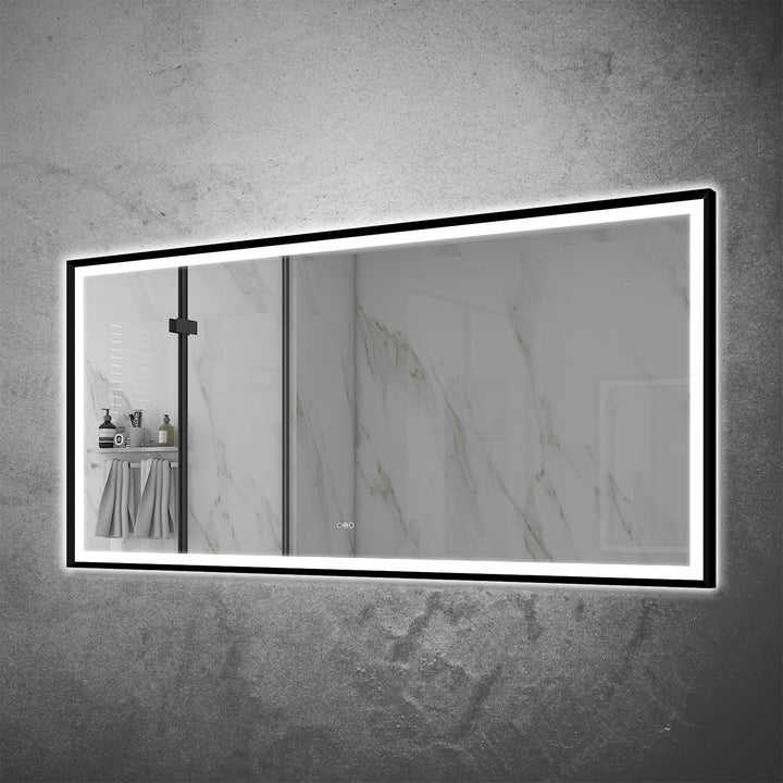 84 in. W x 40 in. H Large Rectangular Framed LED Light Anti-Fog Wall Bathroom Vanity Mirror in Matte Black