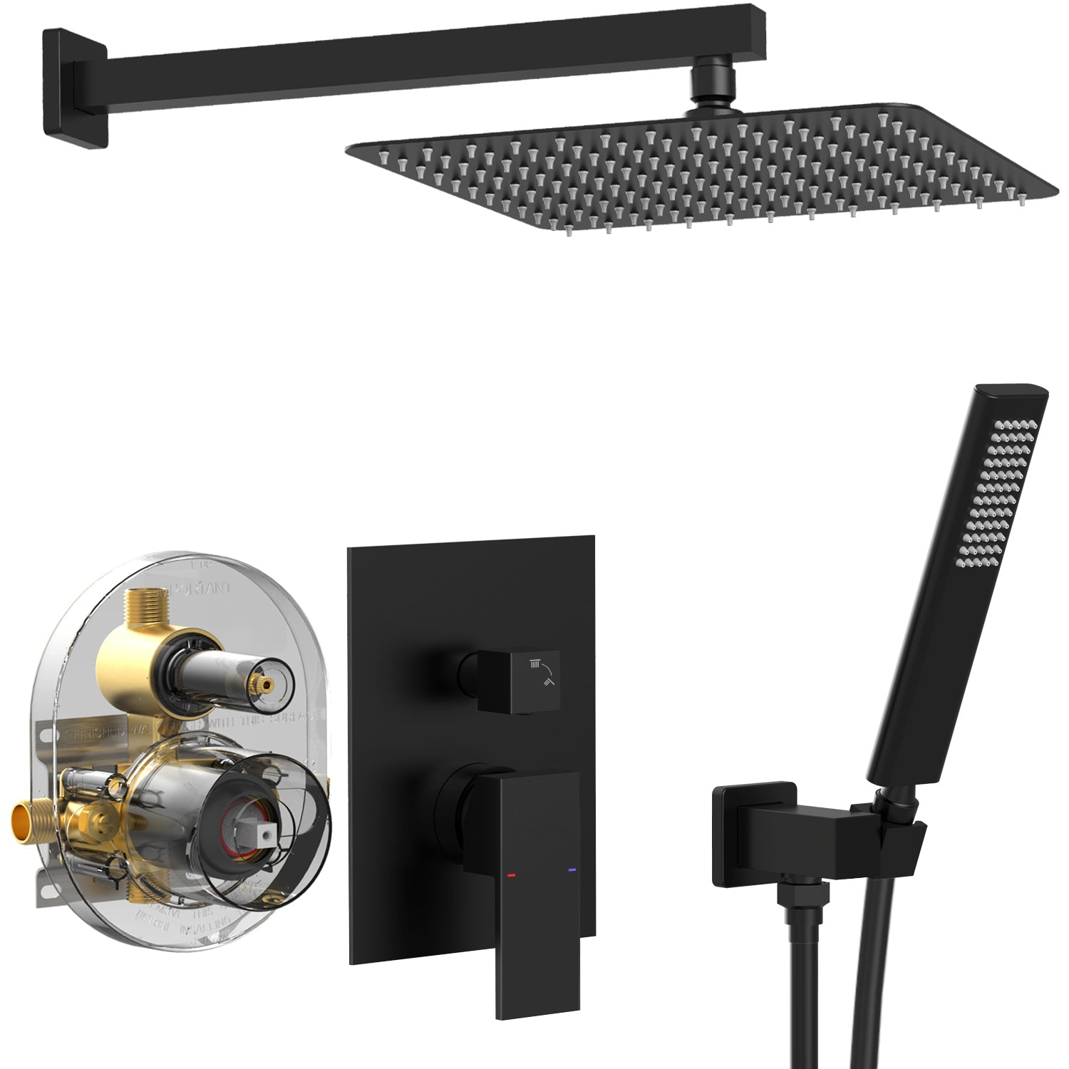 Male NPT Matte Black Shower System Faucet Set with 12 Inch Rain Shower Head