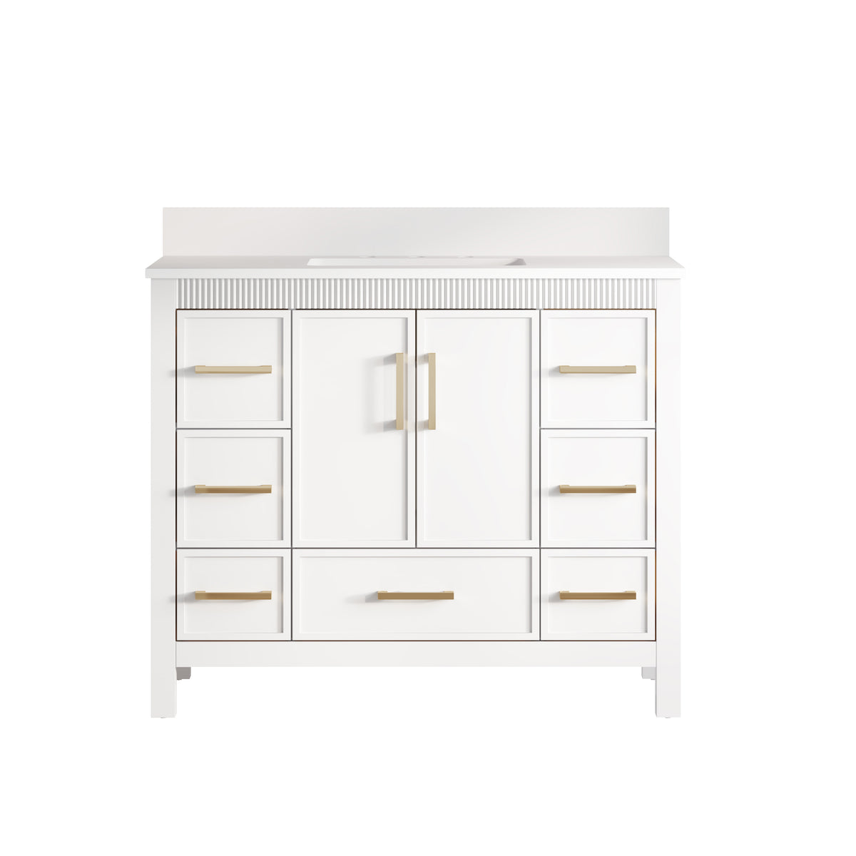 42 Inch Freestanding Solid Wood Bathroom Vanity with Fluted Molding, Pure White Quartz Countertop, White