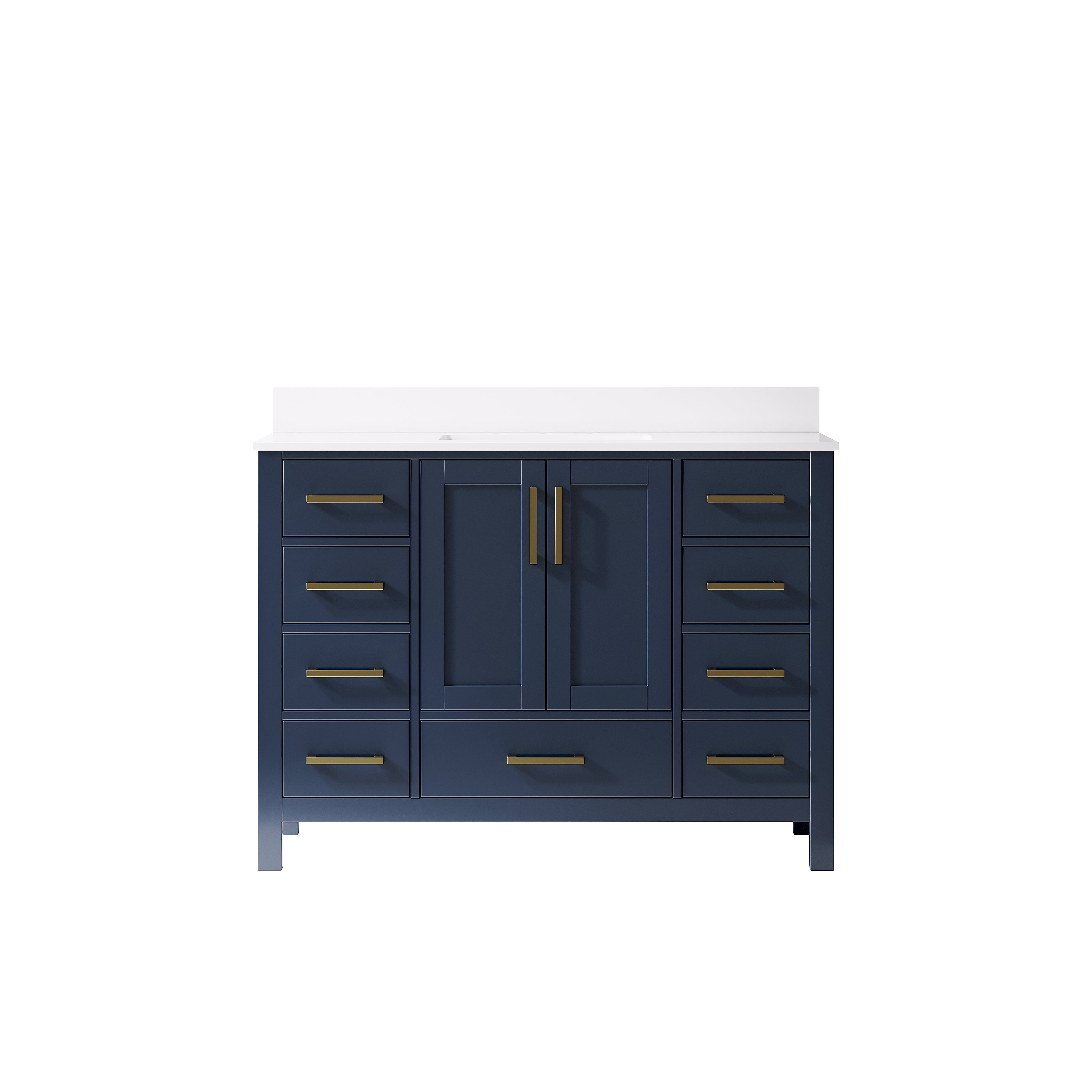 48 Inch Freestanding Solid Wood Bathroom Vanity with Carrara Cultured Marble Top, 2 Soft-Close Doors & 9 Dovetail Drawers, Navy Blue