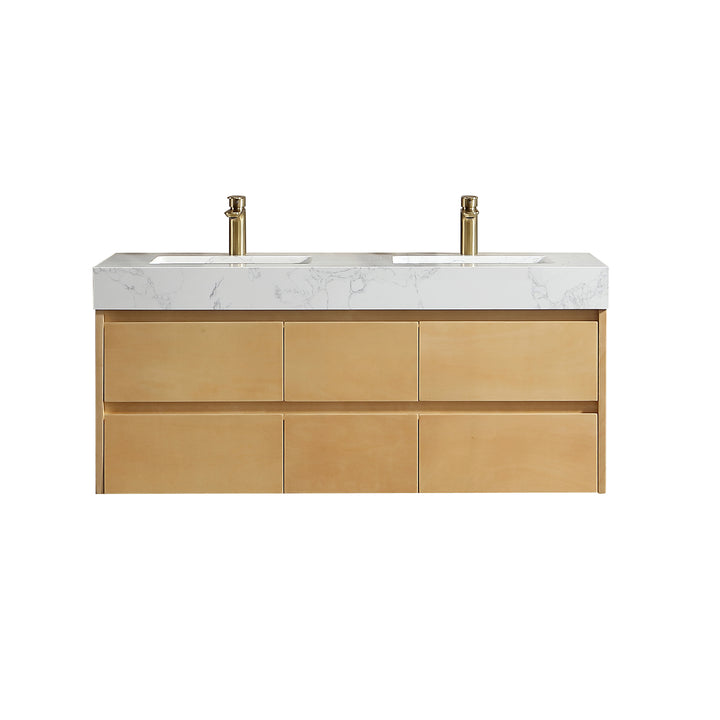 48" Modern Floating Maple Wood Bathroom Vanity Cabinet with LED Light and Double Basin
