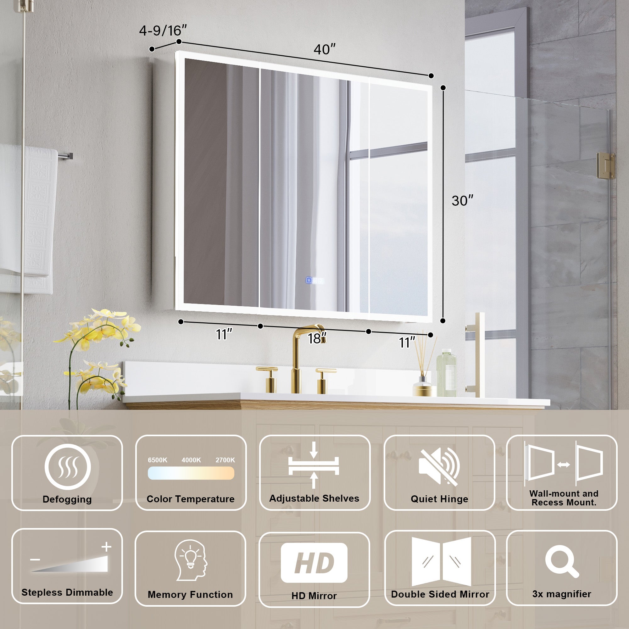 40 in. x 30 in. Recessed/Surface Mount LED Medicine Cabinet with 3X Magnifier Glass Mirror