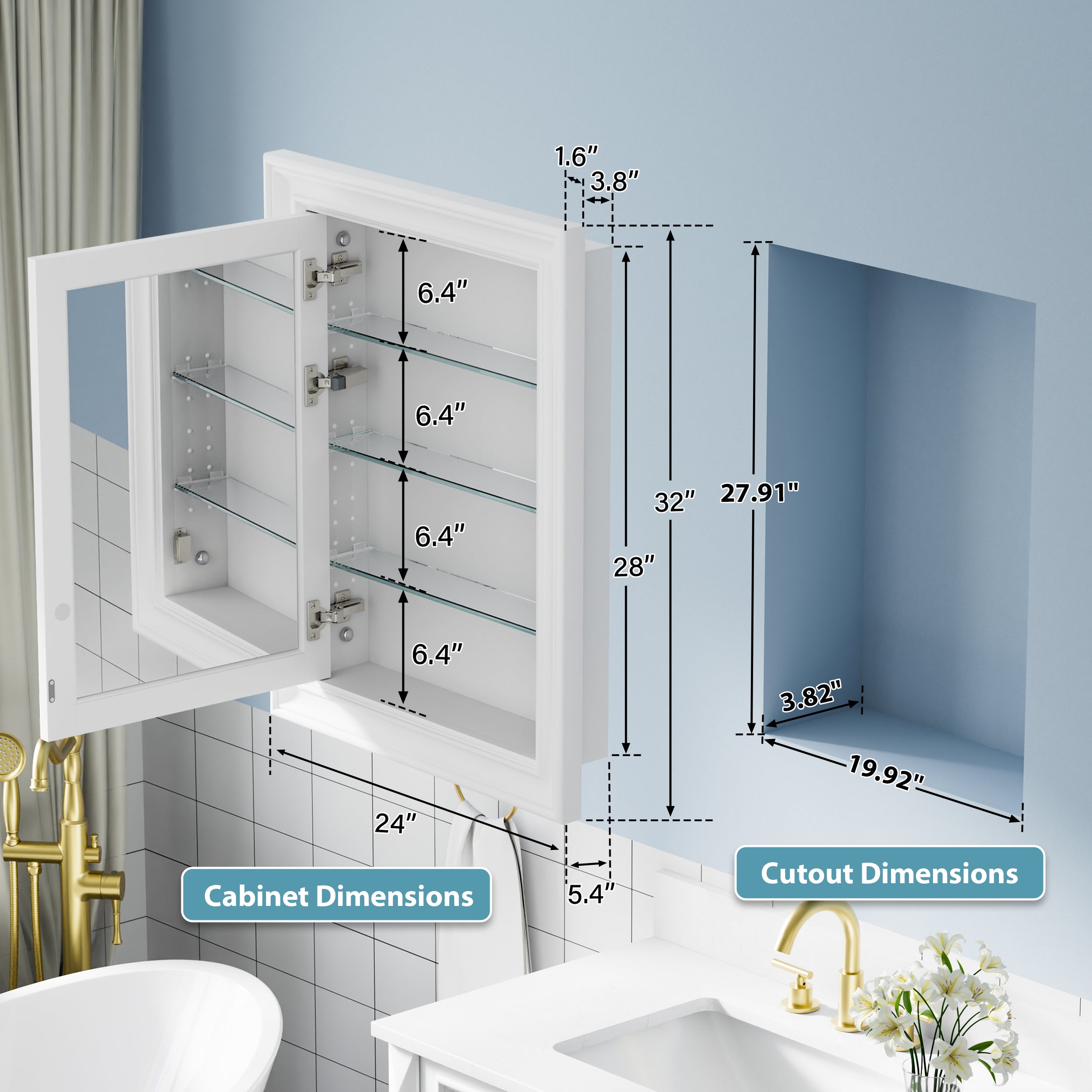 24 in.W x 32 in.H Wooden Recessed Bathroom Medicine Cabinet with Mirror in White