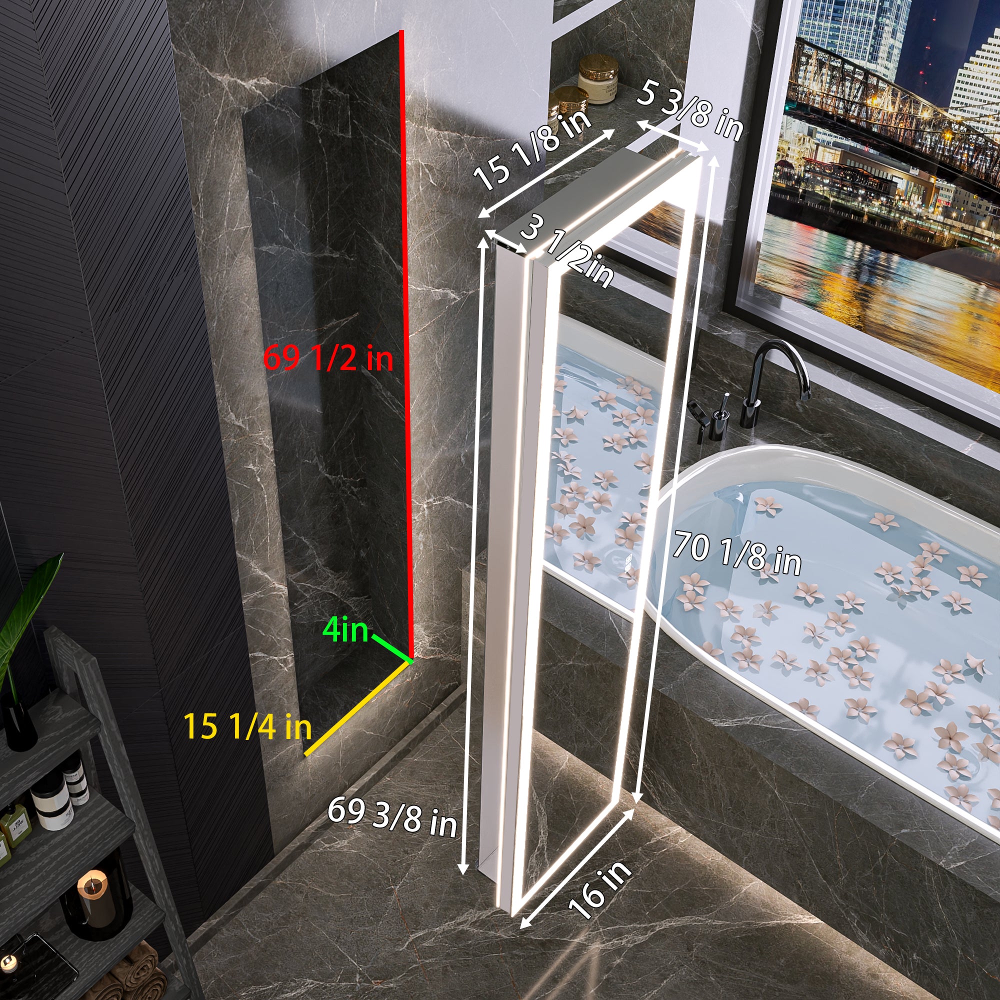 16 in. x 70 in. Recessed/Surface Mount Full Length LED Mirror Cabinet with Front&Backlit and Reversible Door Design