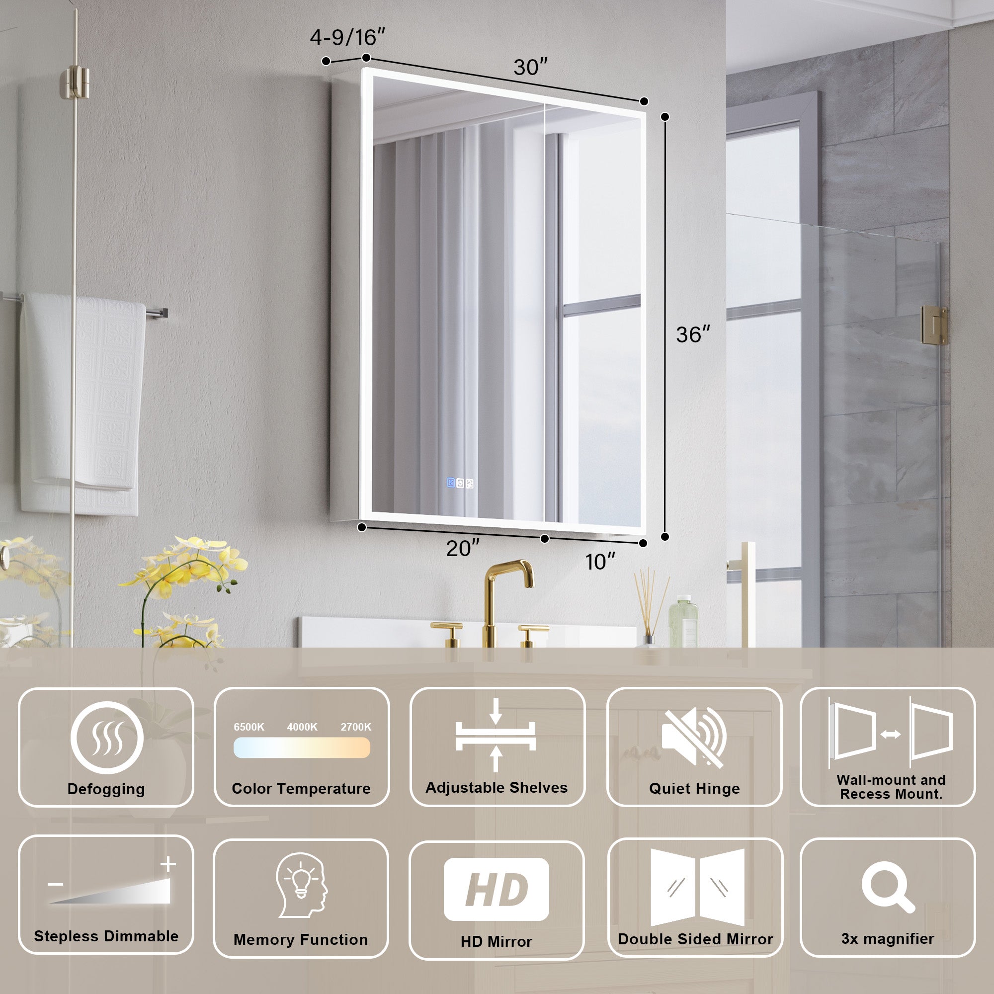 30 in. x 36 in. Recessed/Surface Mount LED Medicine Cabinet with 3X Magnifier Glass Mirror and Dual Doors