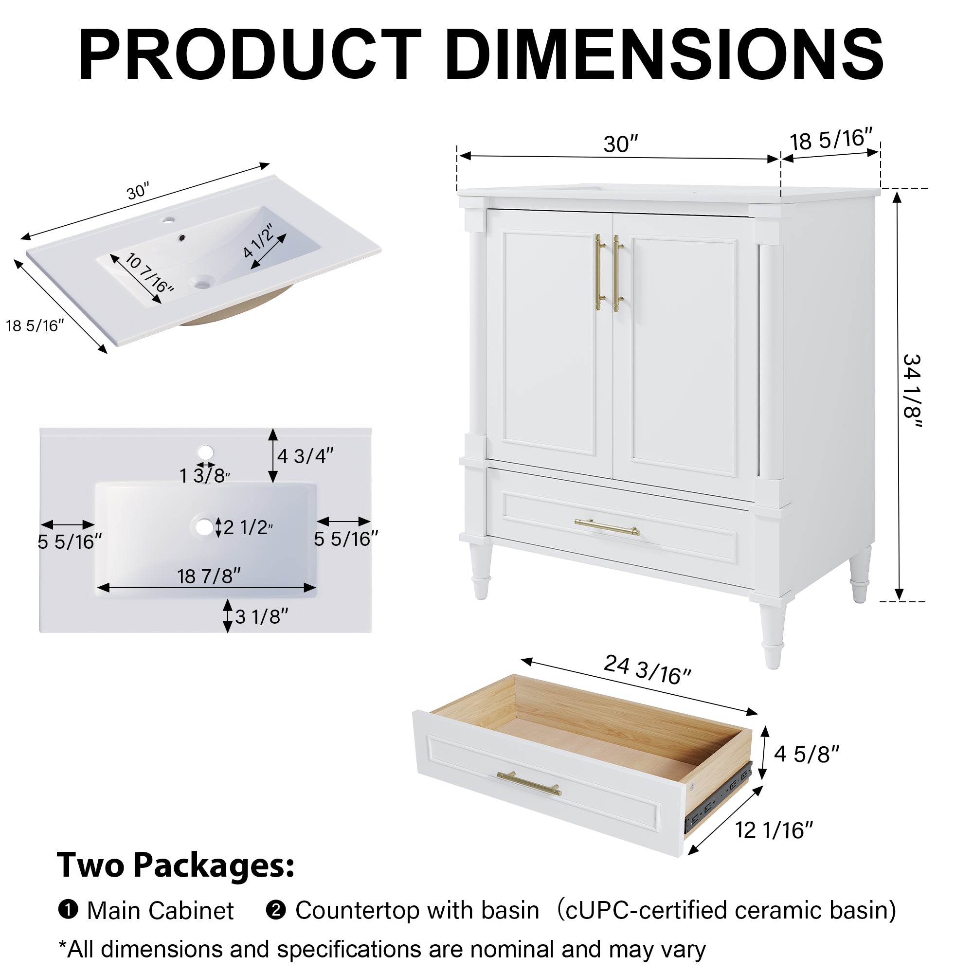 30 inch Bathroom Vanity with Single Sink, Solid Wooden Freestanding Bathroom Cabinet with Soft-Closing Doors