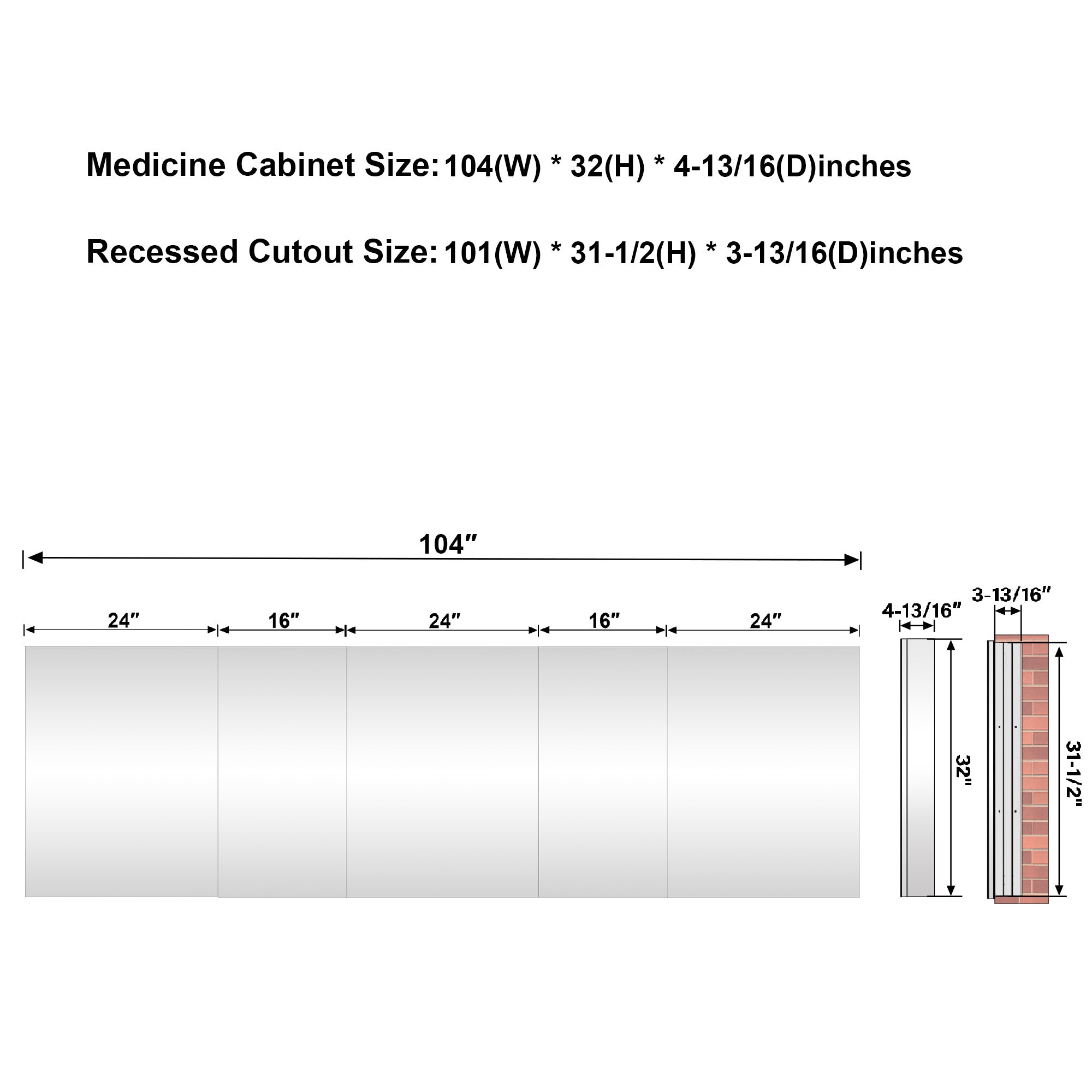 104 in.×32 in.H Copper-Free Mirror Medicine Cabinet with Soft-Close Blum® Hinges and 5 Doors