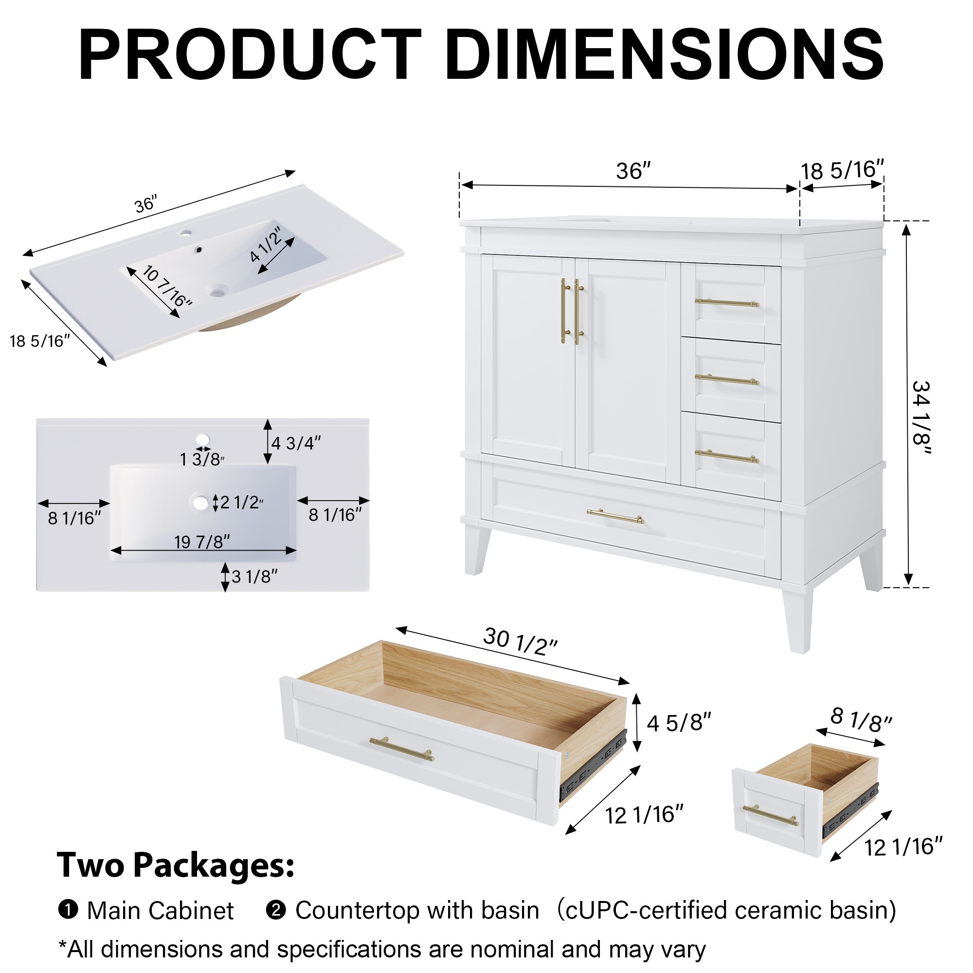 36 Inch Solid Wood Bathroom Vanity with cUPC Ceramic Sink, Brushed Gold Alloy Handles and Soft-Close Hinges