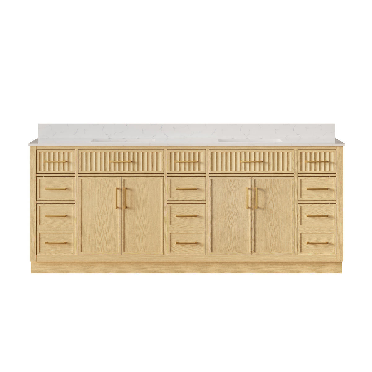 84 Inch Solid Wood and Plywood Bathroom Vanity with Carrara White Quartz Top, 4 Soft-Close Doors & 11 Drawers, OAK