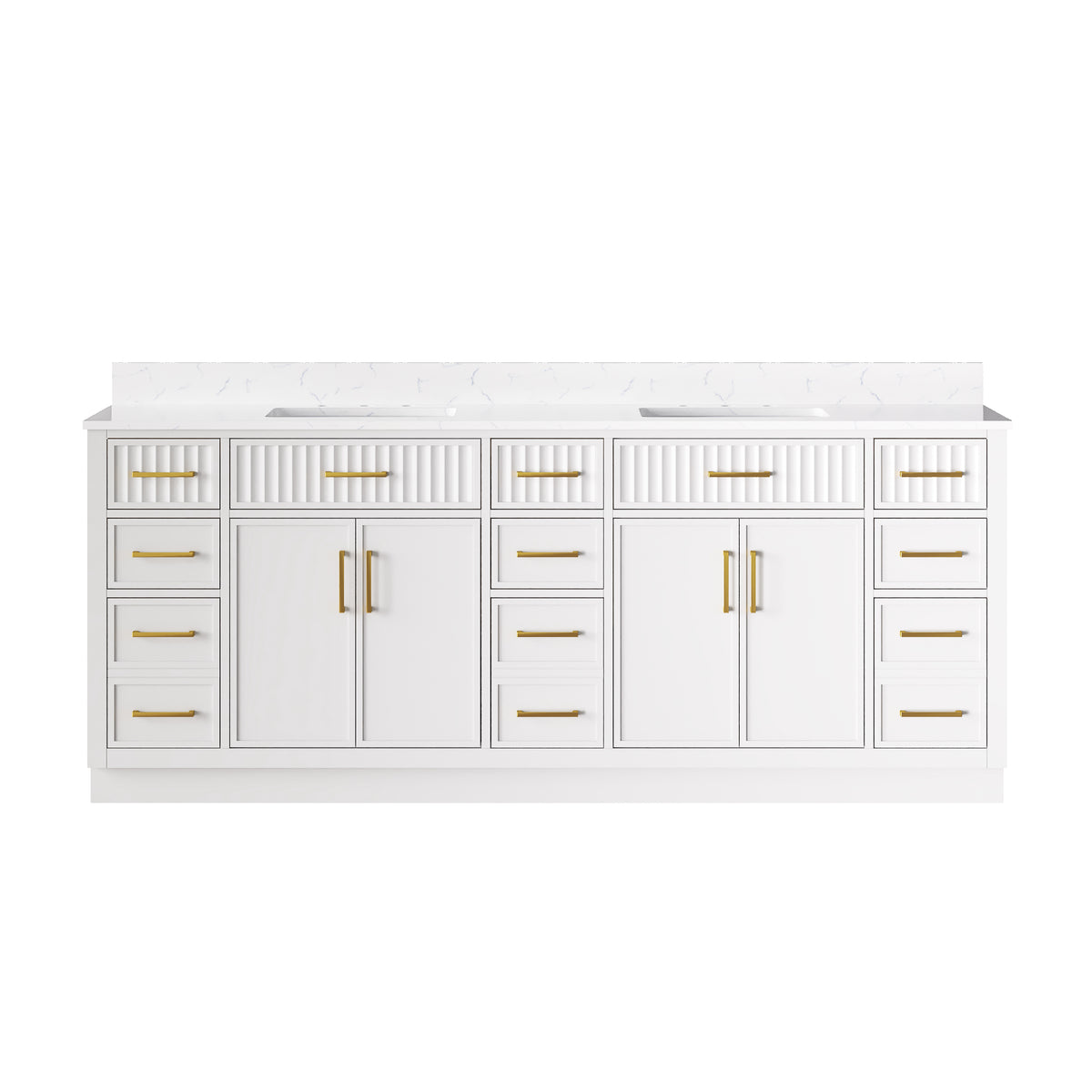84 Inch Solid Wood and Plywood Bathroom Vanity with Carrara White Quartz Top, 4 Soft-Close Doors & 11 Drawers, White