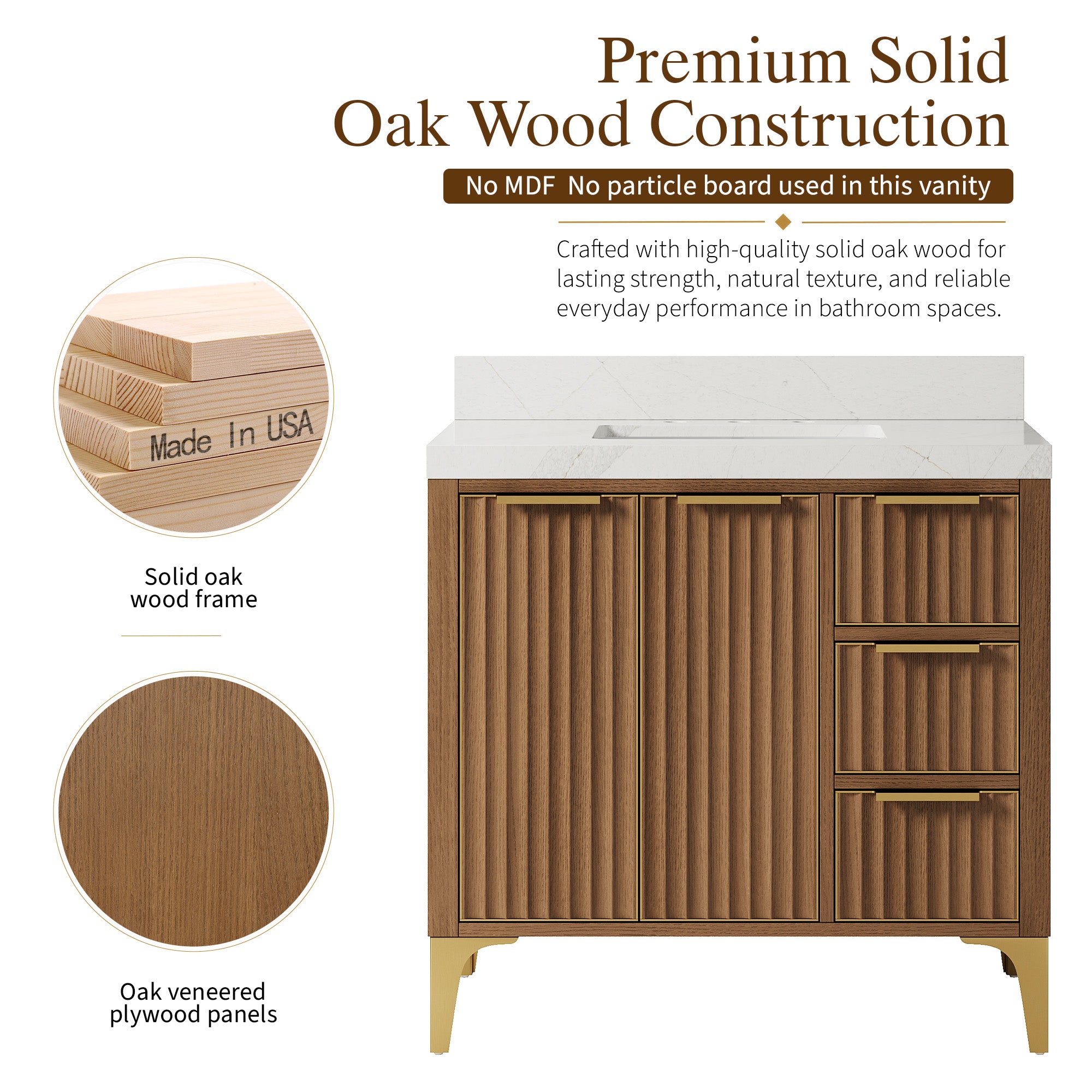 36 Inch Luxury Solid Oak Bathroom Vanity with Calacatta Quartz Countertop & 3 Dovetail Drawers and 2 Soft-close Doors