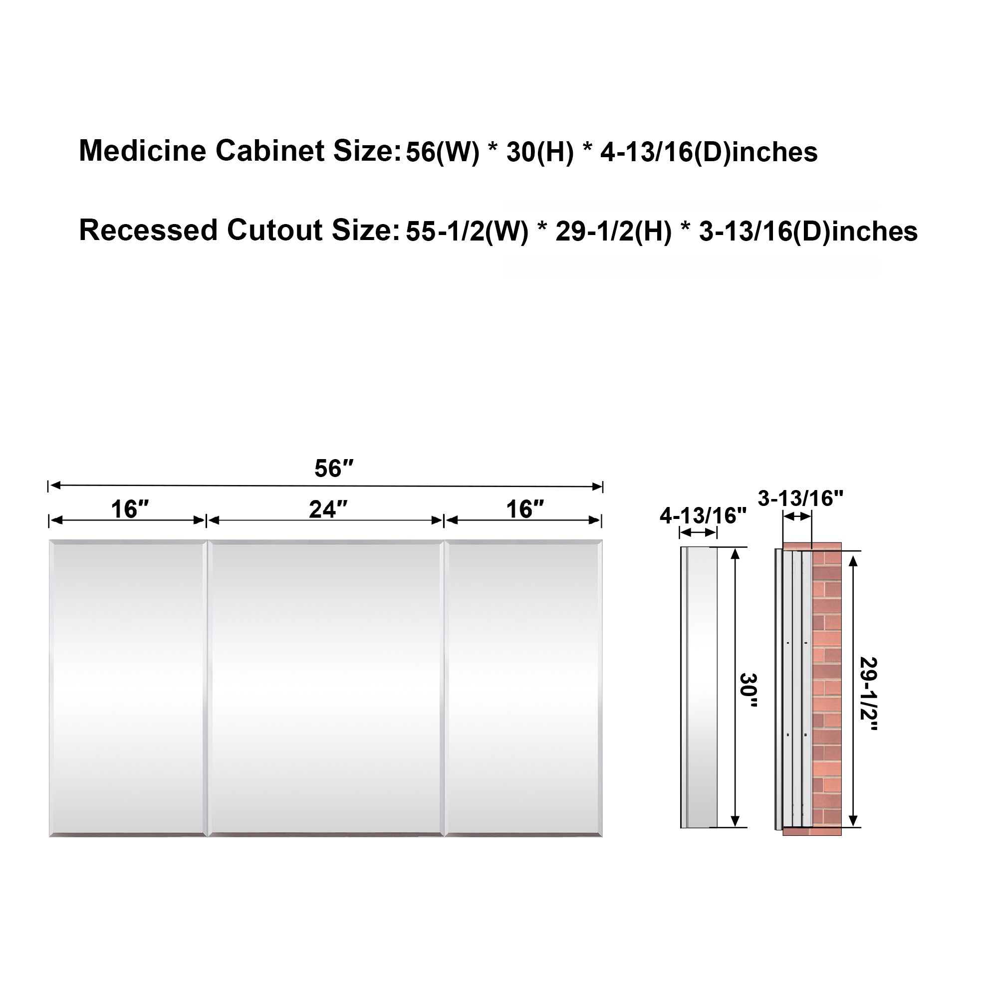 56 in.×30 in.H Aluminum Copper-Free Mirror Medicine Cabinet with Beveled Mirror Door, Soft-Close Blum® Hinges, 9 Adjustable Shelves
