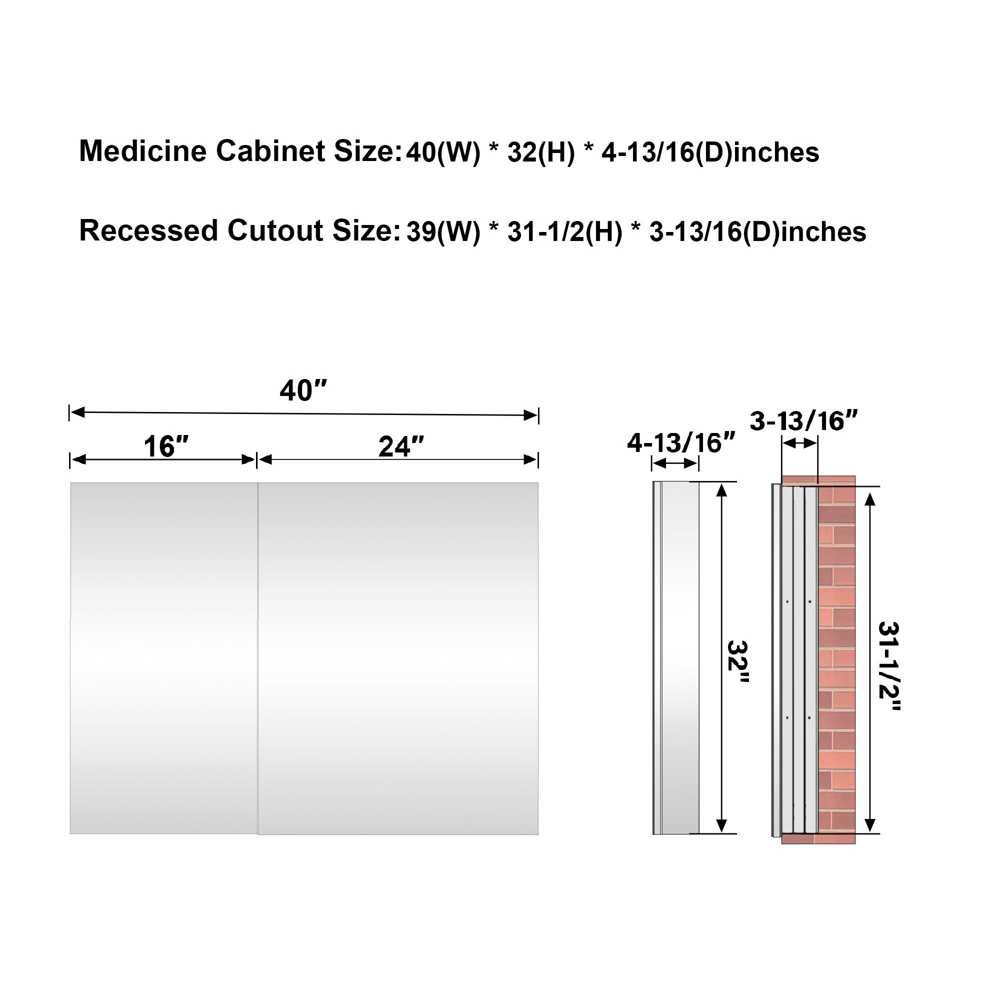 40 in.×32 in.H Aluminum Copper-Free Mirror Medicine Cabinet with Soft-Close Blum® Hinges and Recessed/Surface Mount