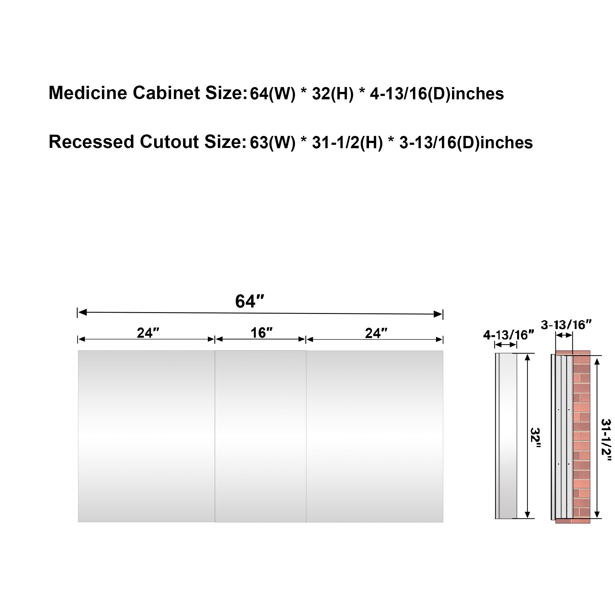 64 in.×32 in.H Aluminum Copper-Free Mirror Medicine Cabinet with Soft-Close Blum® Hinges and Recessed/Surface Mount