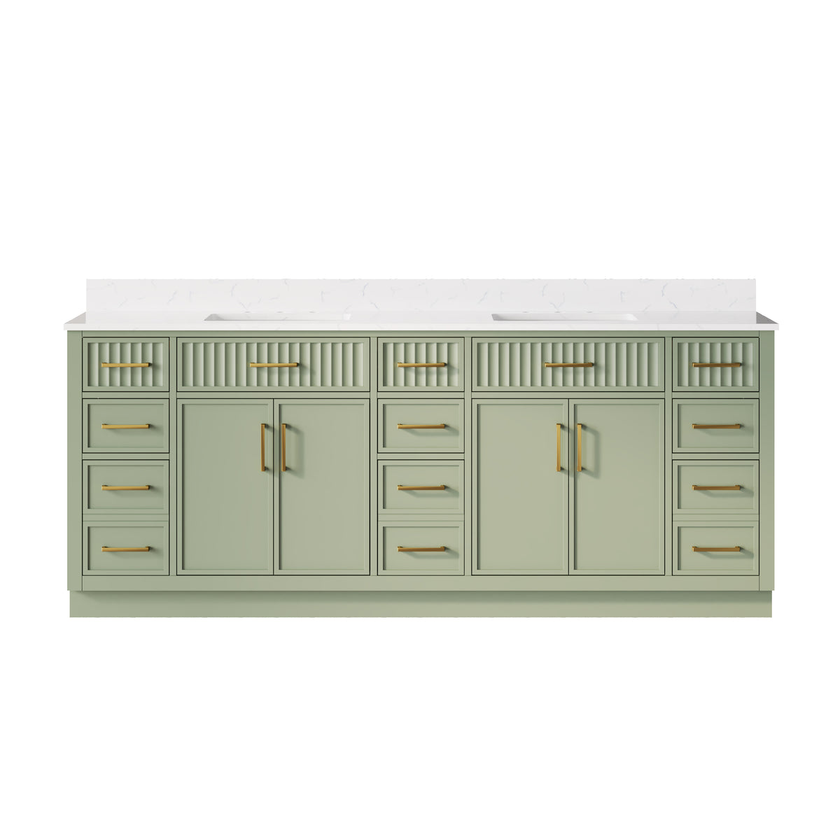 84 Inch Solid Wood and Plywood Bathroom Vanity with Carrara White Quartz Top, 4 Soft-Close Doors & 11 Drawers, SAGE GREEN