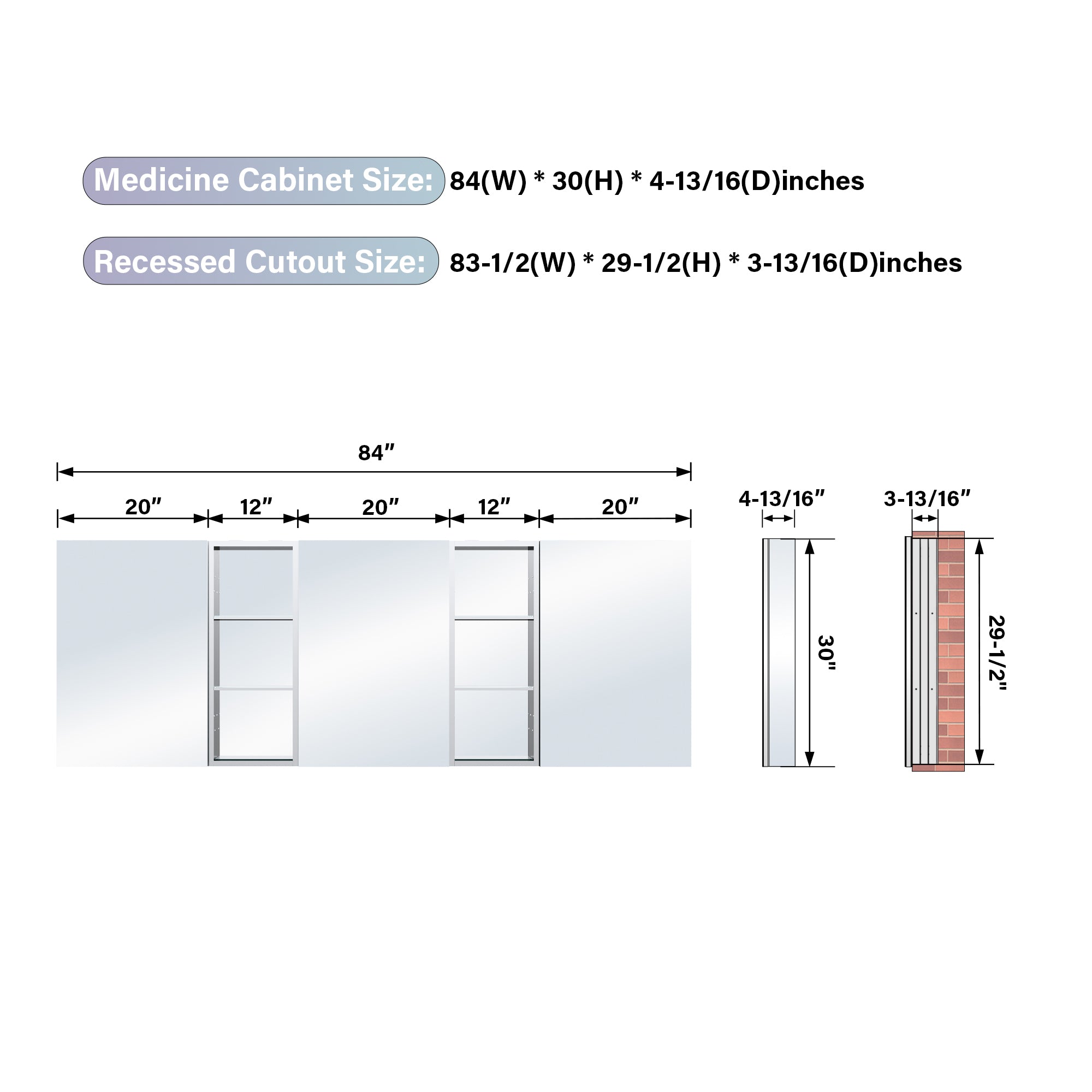 84 in. ×30 in. Aluminum Bathroom Medicine Cabinet and Open Shelf Set, Recessed or Surface Mount