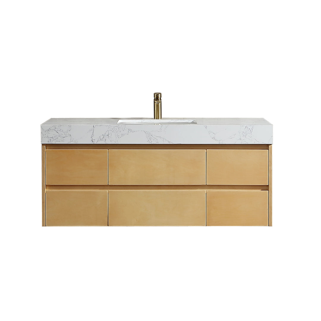 48" Modern Floating Maple Wood Bathroom Vanity Cabinet with LED Light and Stone Slab Countertop
