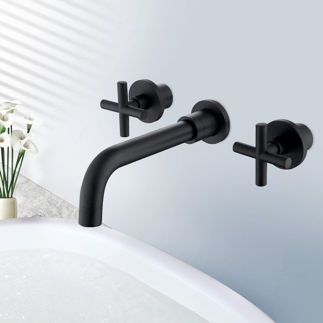 2-Handle Wall Mount Bathroom Faucet with Cross Handles in Matte Black