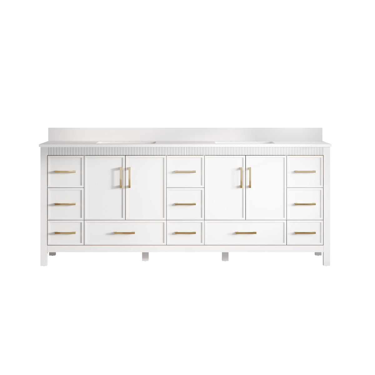 84 Inch Freestanding Solid Wood Bathroom Vanity with Pure White Quartz Countertop, 4 Soft-Close Doors & 11 Dovetail Drawers, White