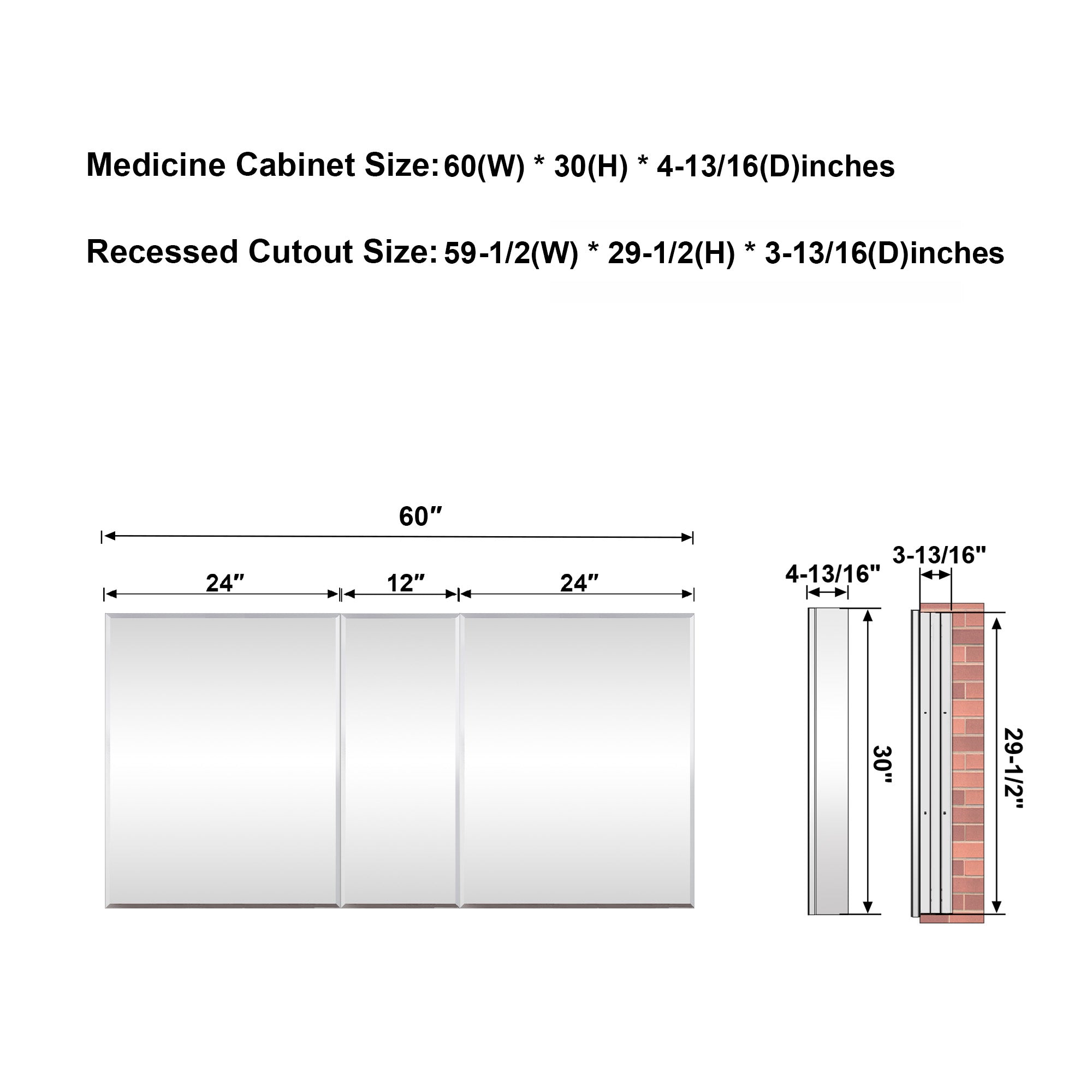 60 in.×30 in.H Aluminum Copper-Free Mirror Medicine Cabinet with Beveled Mirror Door, Recessed or Surface Mount, Adjustable Shelves