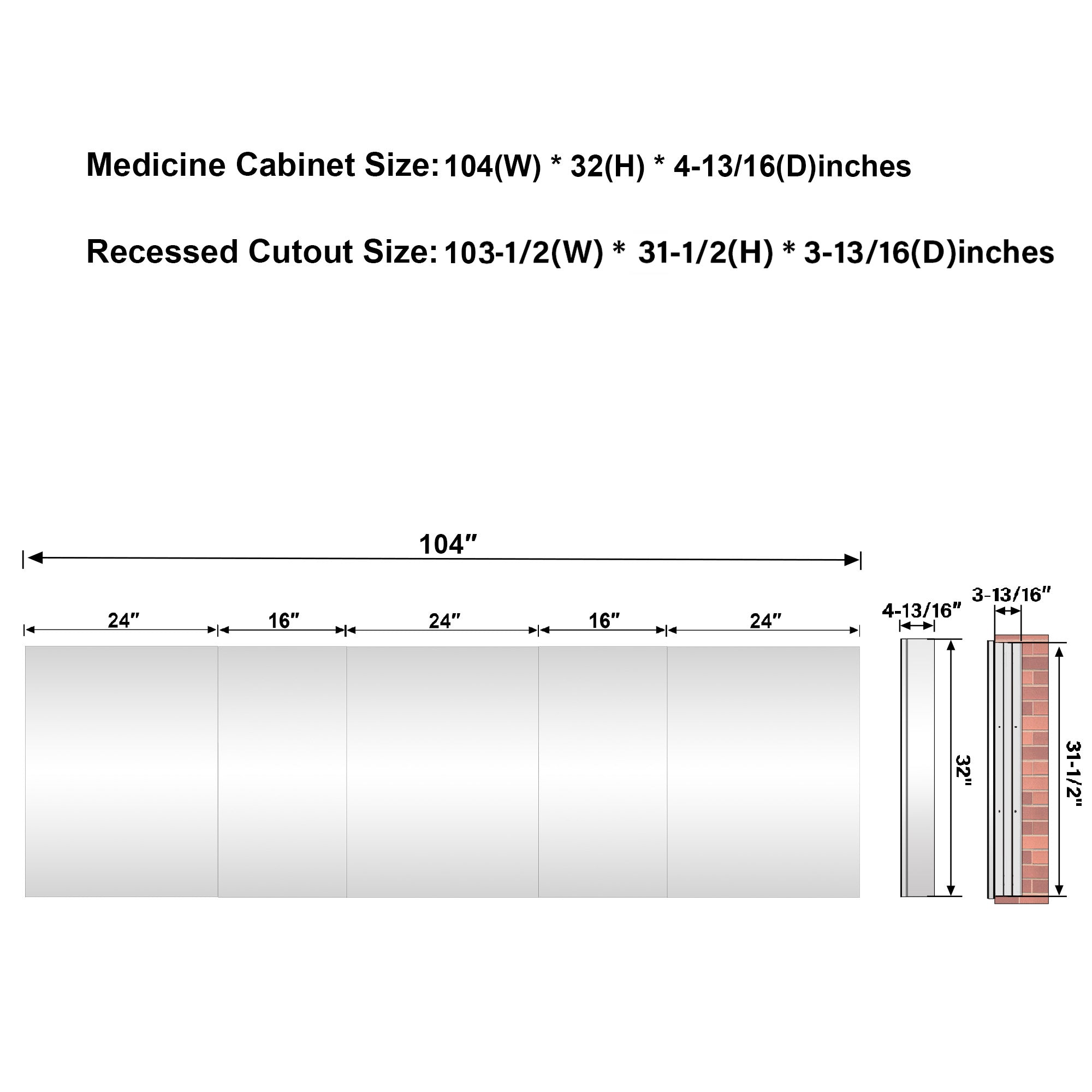 104 in.×32 in.H Copper-Free Mirror Medicine Cabinet with Soft-Close Blum® Hinges and 5 Doors