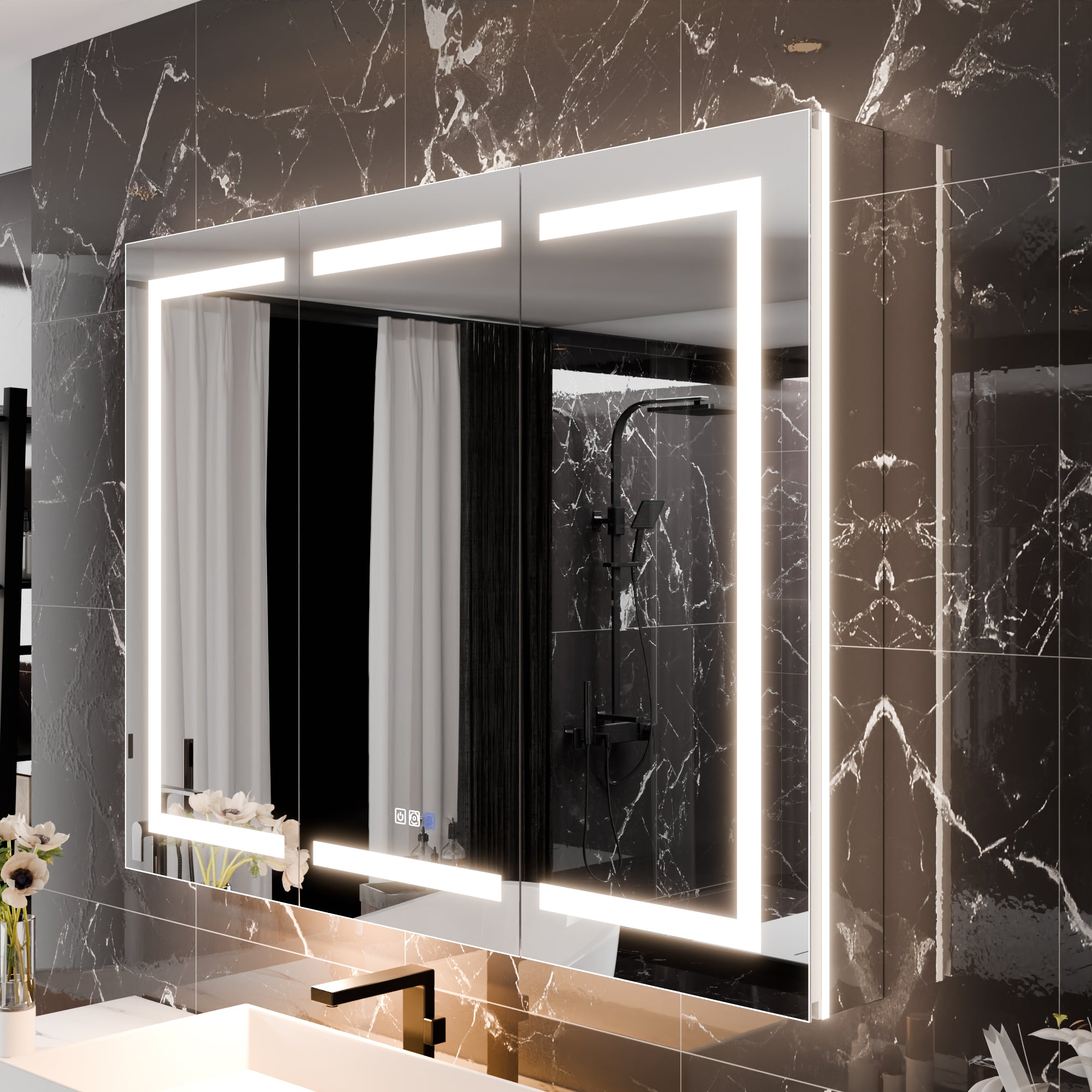 WELLFOR 48 in. x 36 in. Recessed/Surface Mount Right Medicine Cabinet with 5X Magnifier Mirror and Night Light