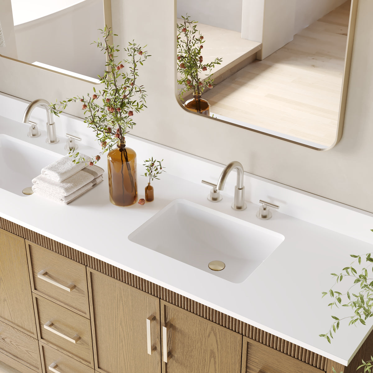 84 Inch Freestanding Solid Wood Bathroom Vanity with Pure White Quartz Countertop, 4 Soft-Close Doors & 11 Dovetail Drawers, Walnut