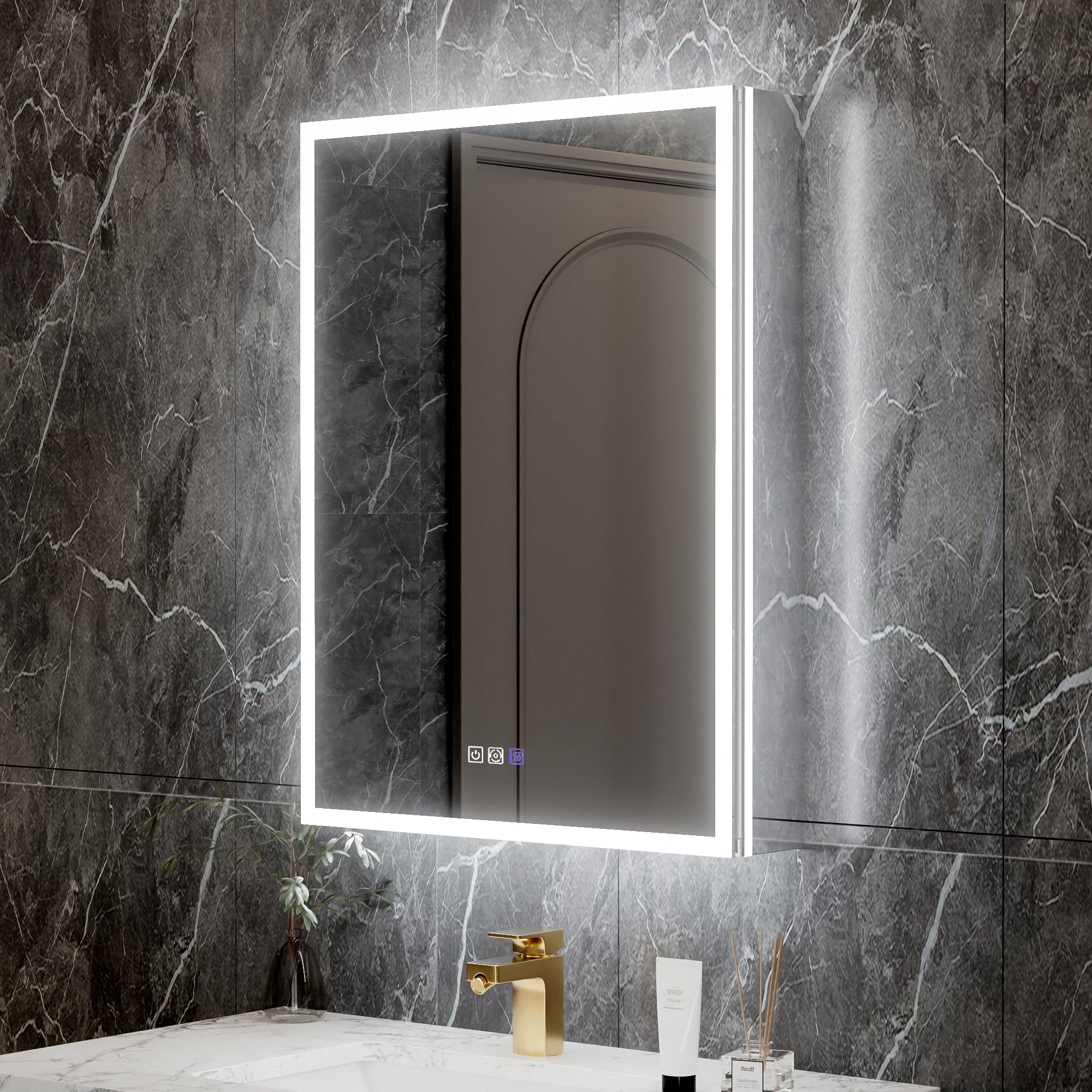 24 in. x 32 in. Recessed/Surface Mount Right LED Medicine Cabinet with 5X Magnifier Mirror, Aluminum Frame