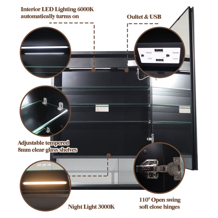 24" W x 32" H Lighted Black Bathroom Medicine Cabinet with Double Sided Mirror And Lights，Outlet Right Side
