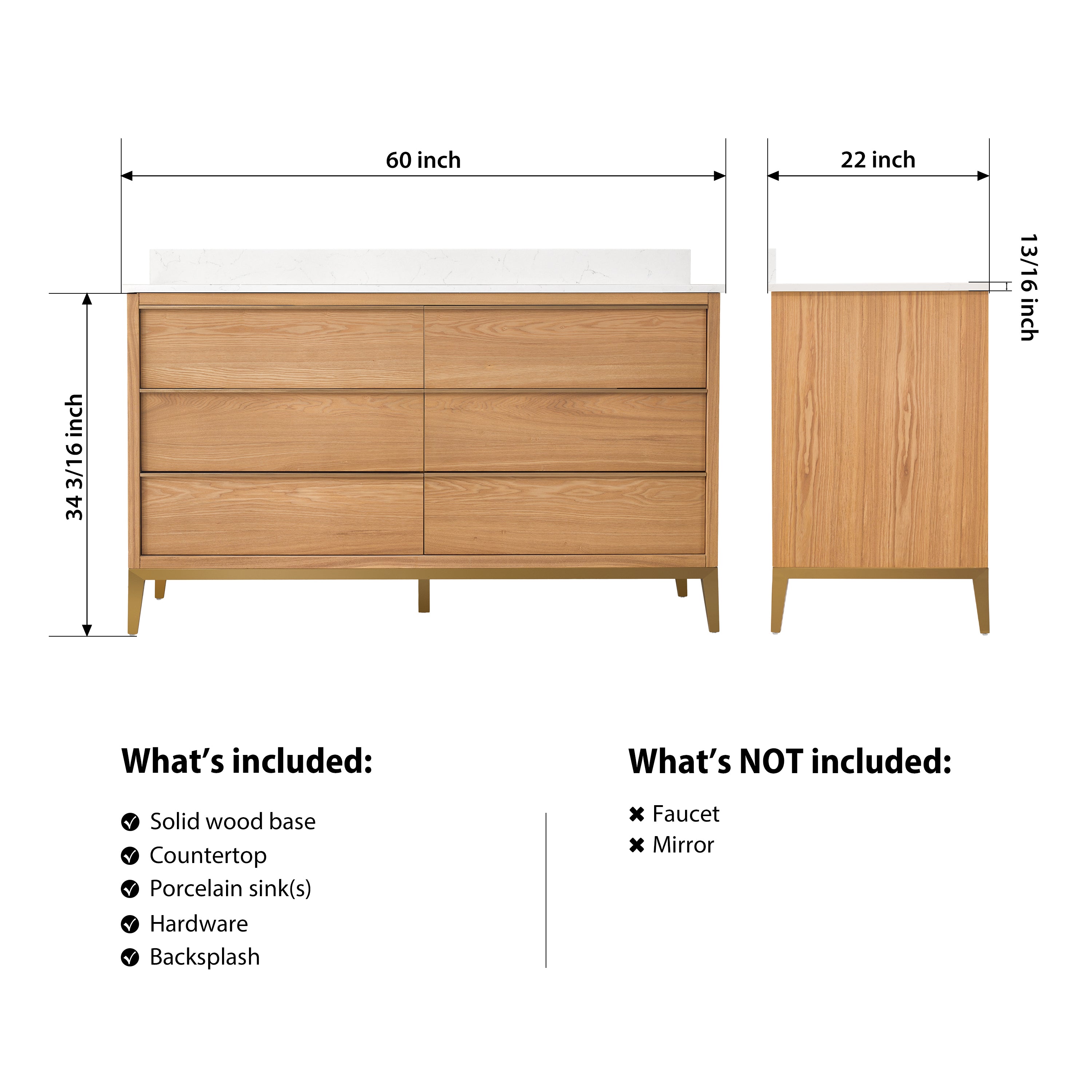 60 in. Bathroom Vanity in Light Oak with Carrara White Quartz Vanity Top