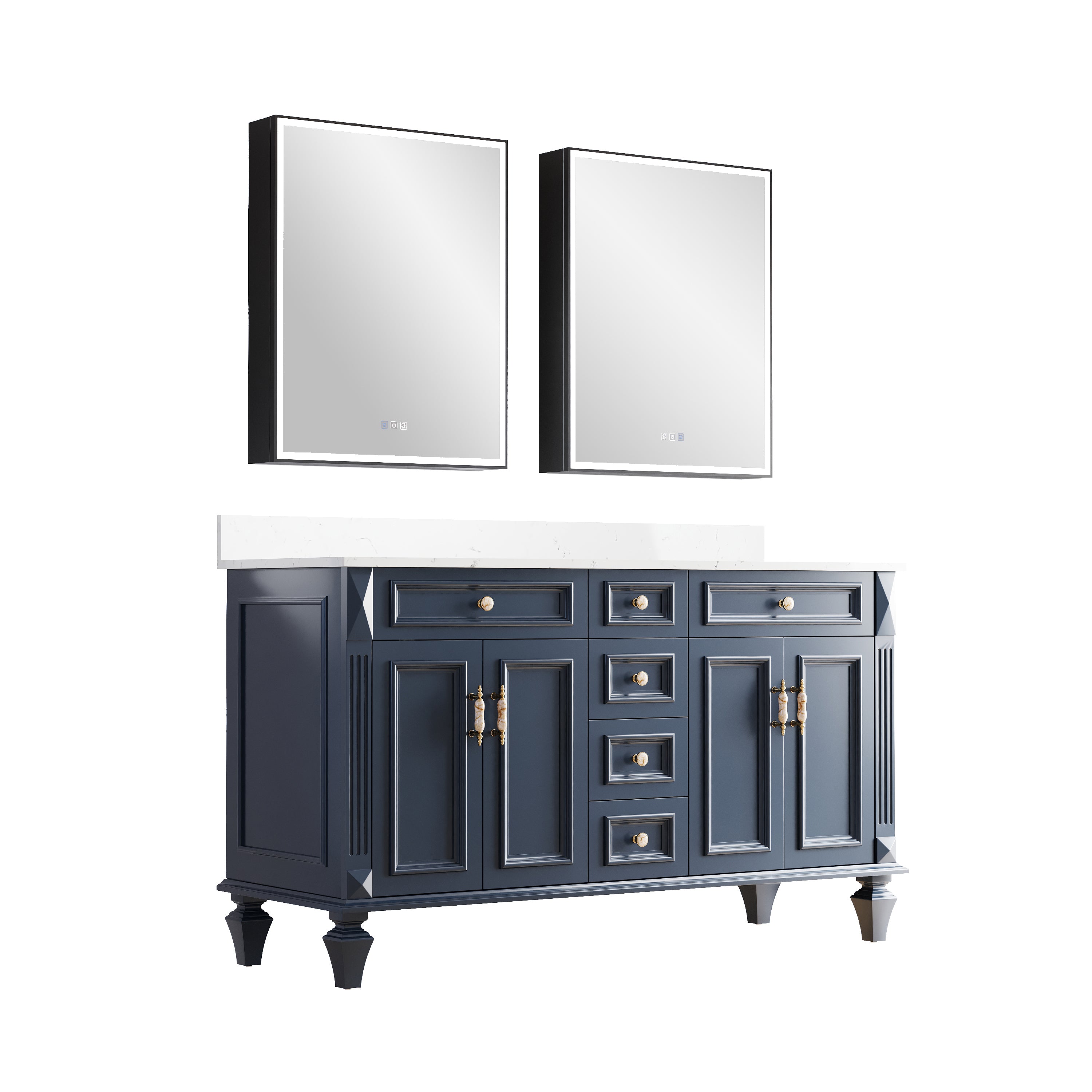 60" Navy Blue Solid Wood Bathroom Vanity & 2-Piece 24" LED Mirror Medicine Cabinet Combo
