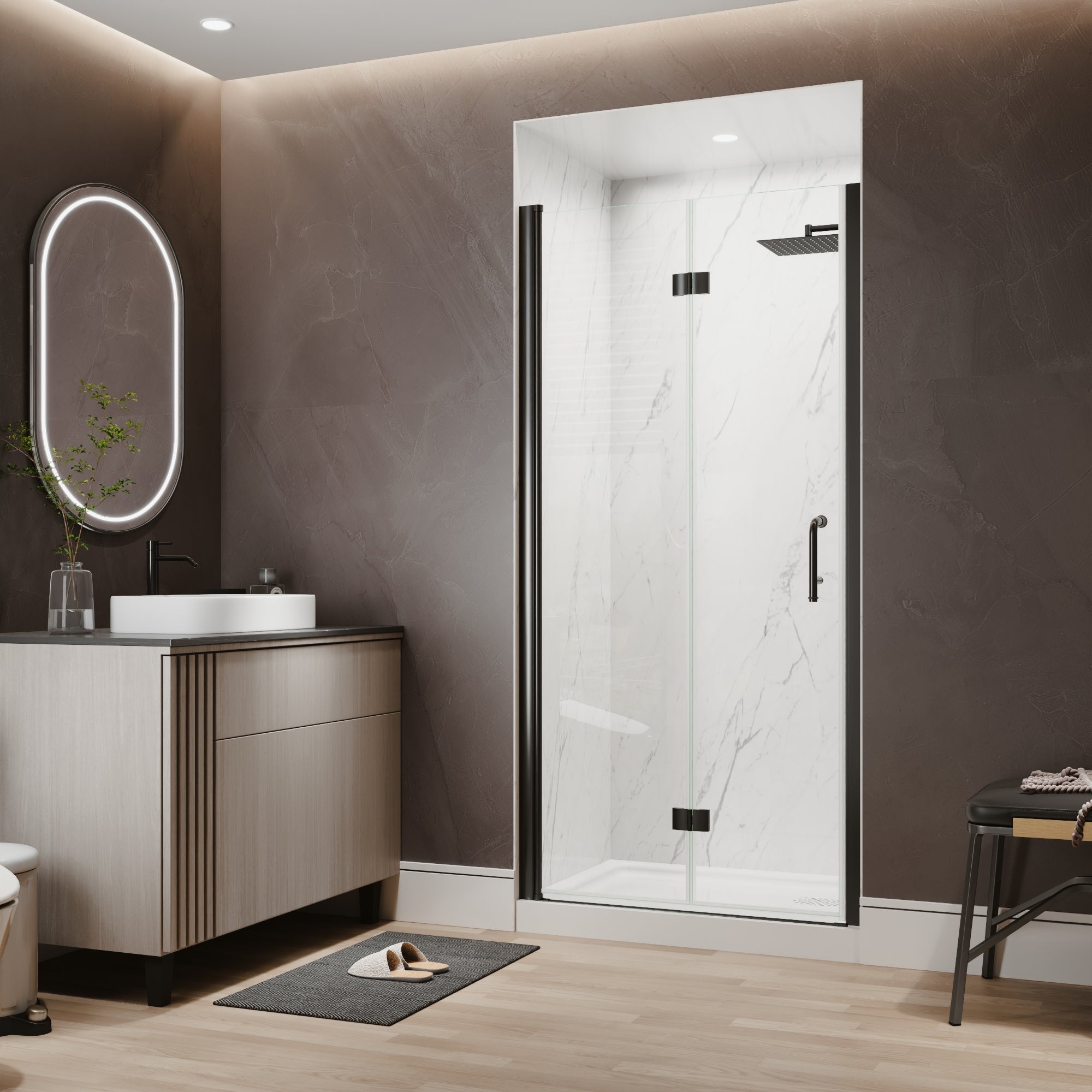 36-38 in. W x 72 in. H Modern Semi-Frameless 1/4 in. Tempered Glass Bifold Pivot Shower Door with Reversible Installation, Matte Black
