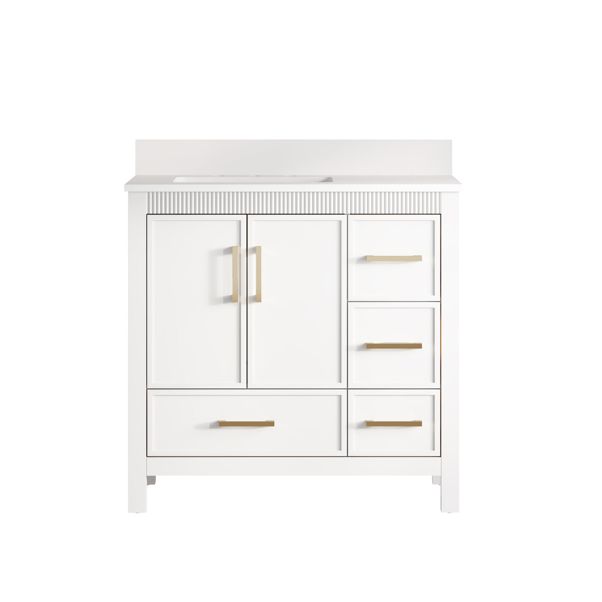 36 Inch Freestanding Solid Wood Bathroom Vanity with Fluted Molding, Pure White Quartz Countertop, White