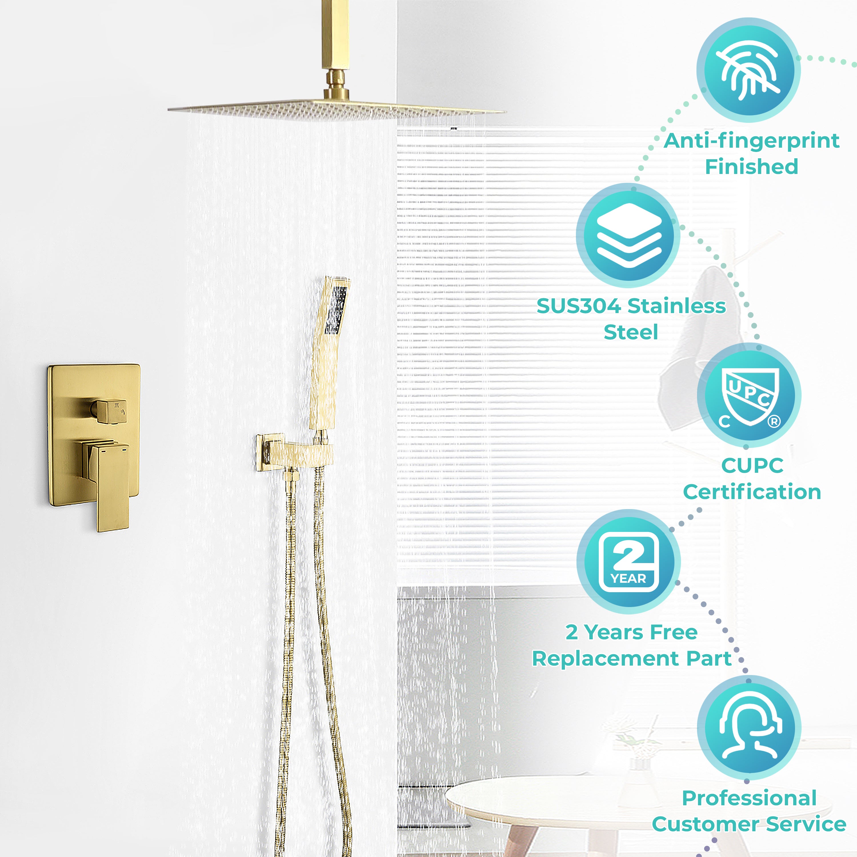 12-in Rain Shower System Dual Head Waterfall Built-In Shower System with 2-way Diverter