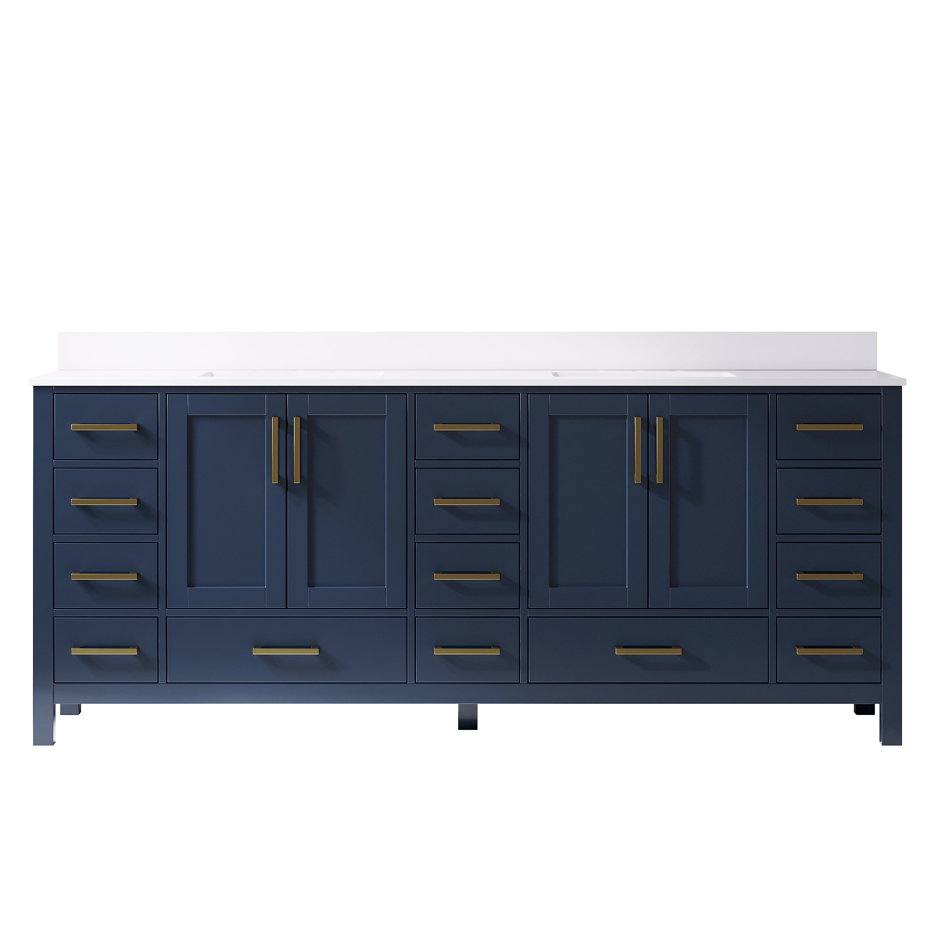 84 Inch Freestanding Solid Wood Bathroom Vanity with Carrara Cultured Marble Top, 4 Soft-Close Doors & 14 Dovetail Drawers, Navy Blue