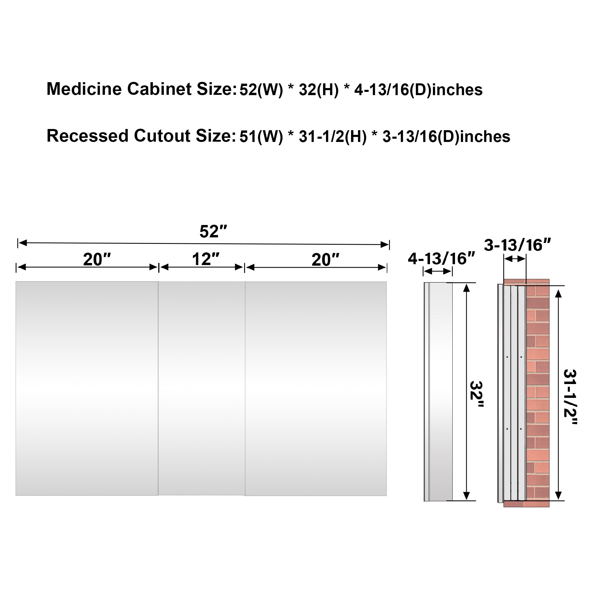 52 in.×32 in.H Copper-Free Mirror Medicine Cabinet with Soft-Close Blum® Hinges and 3 Doors