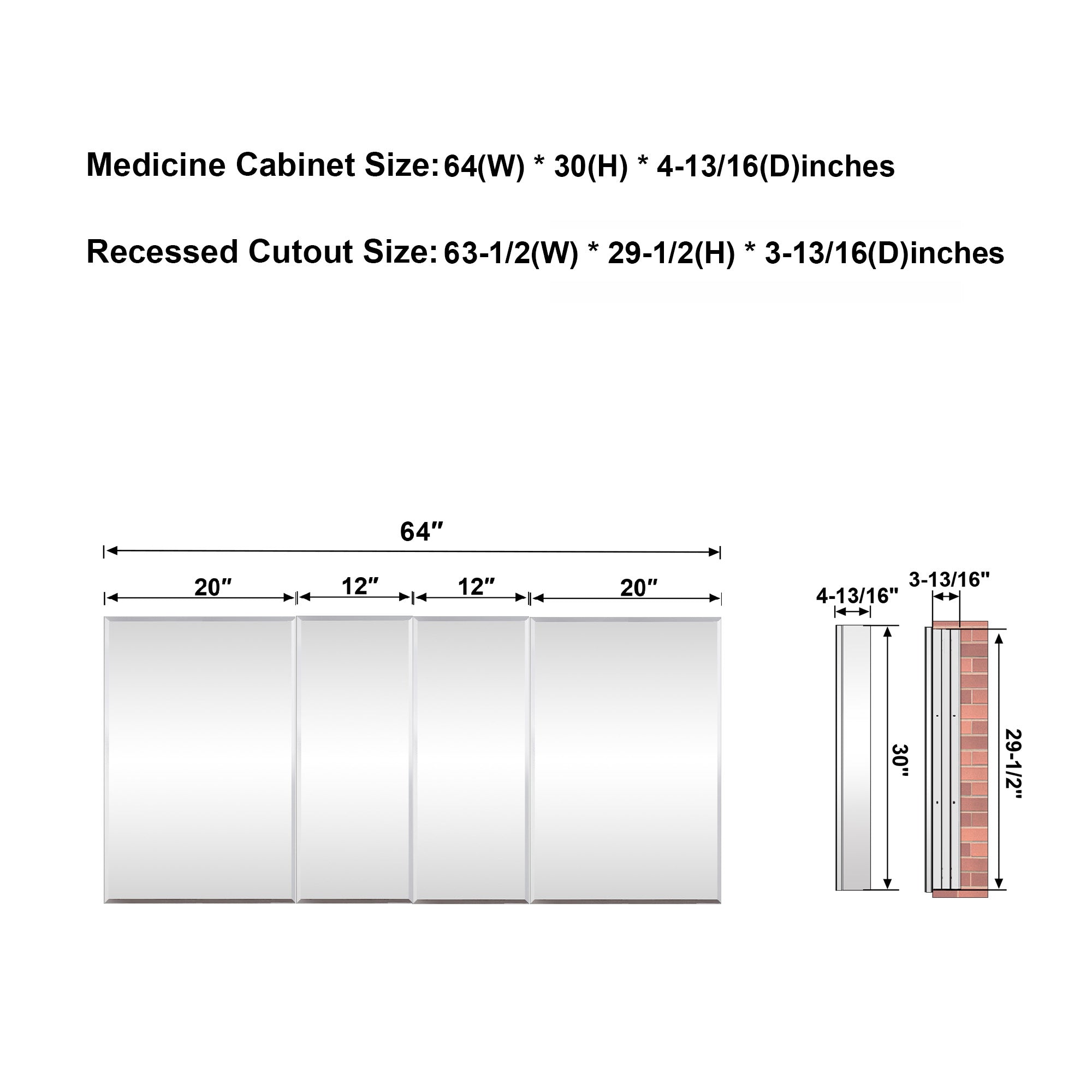 64 in.×30 in.H Copper-Free Mirror Medicine Cabinet with Beveled Mirror Door, Recessed or Surface Mount, Adjustable Shelves