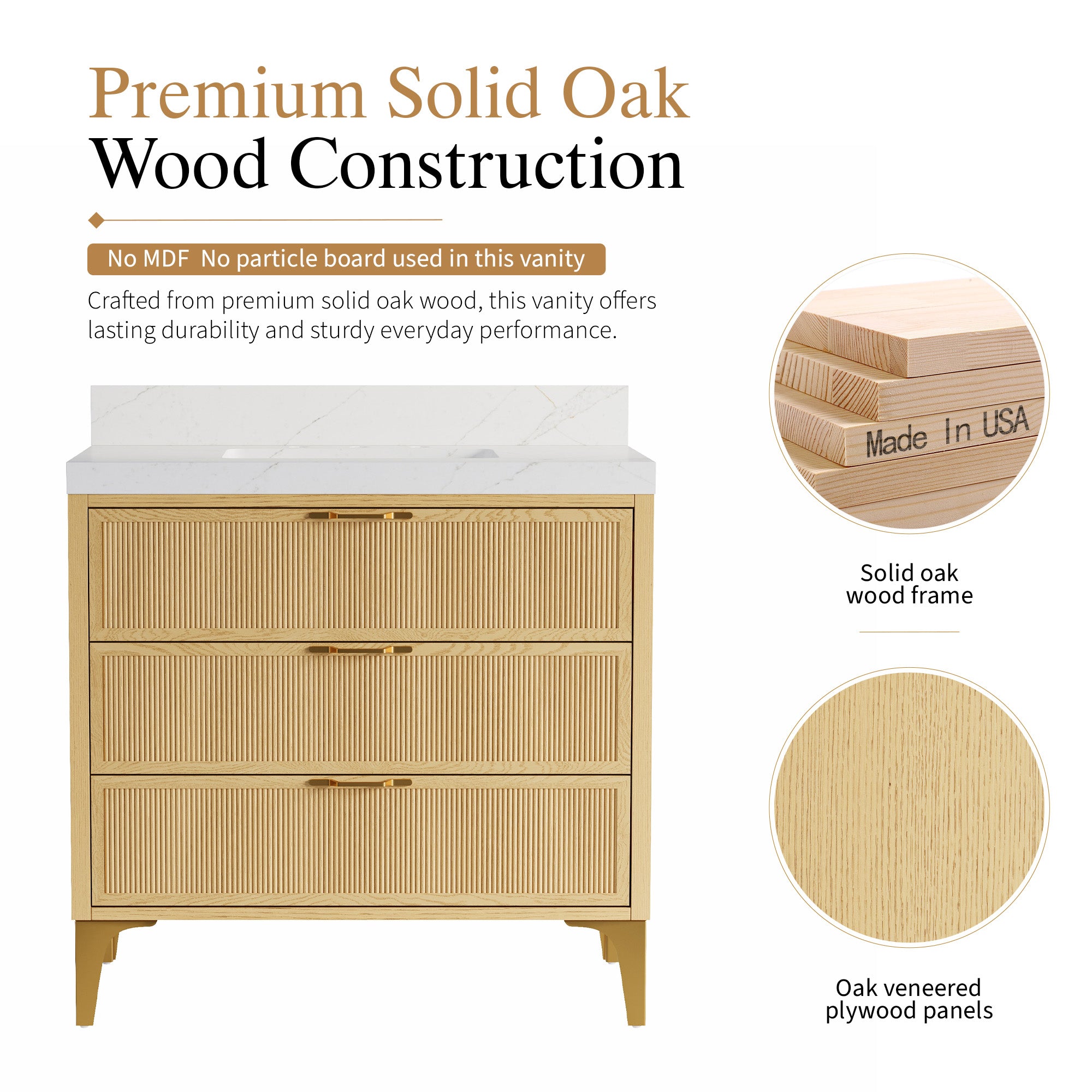 36 Inch Modern Solid Oak Bathroom Vanity with Calacatta Quartz Countertop, 3 Fluted Drawers & Brushed Gold Legs