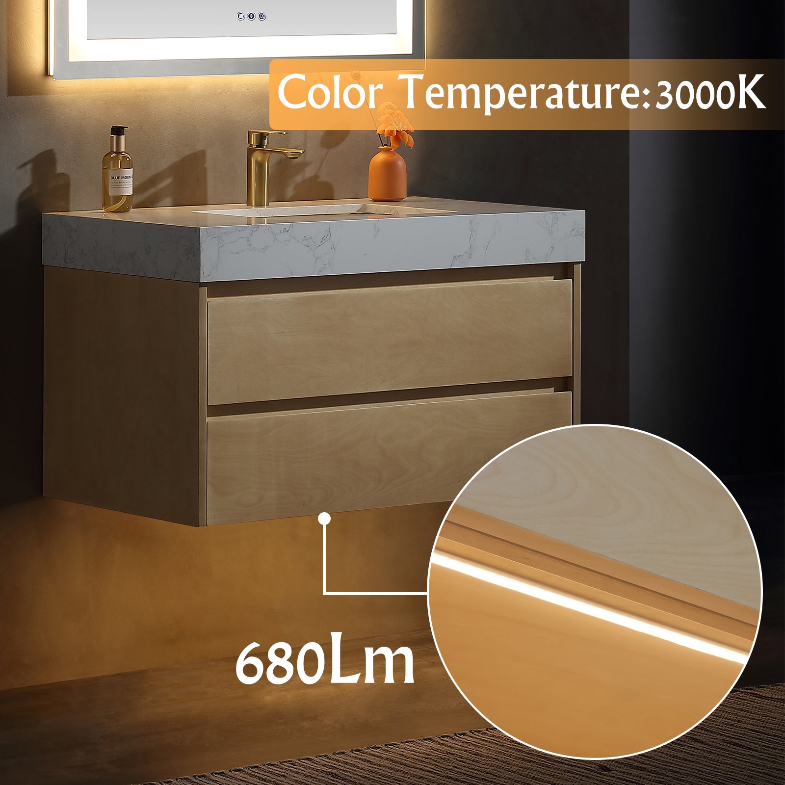 36" Modern Floating Maple Wood Bathroom Vanity Cabinet with LED Light and Stone Slab Countertop