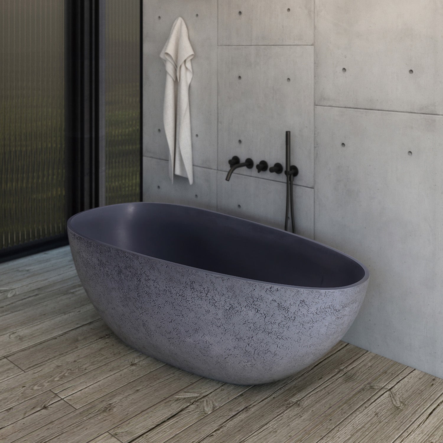 65" Freestanding Solid Surface Soaking Bathtub for Bathroom in Cement Grey