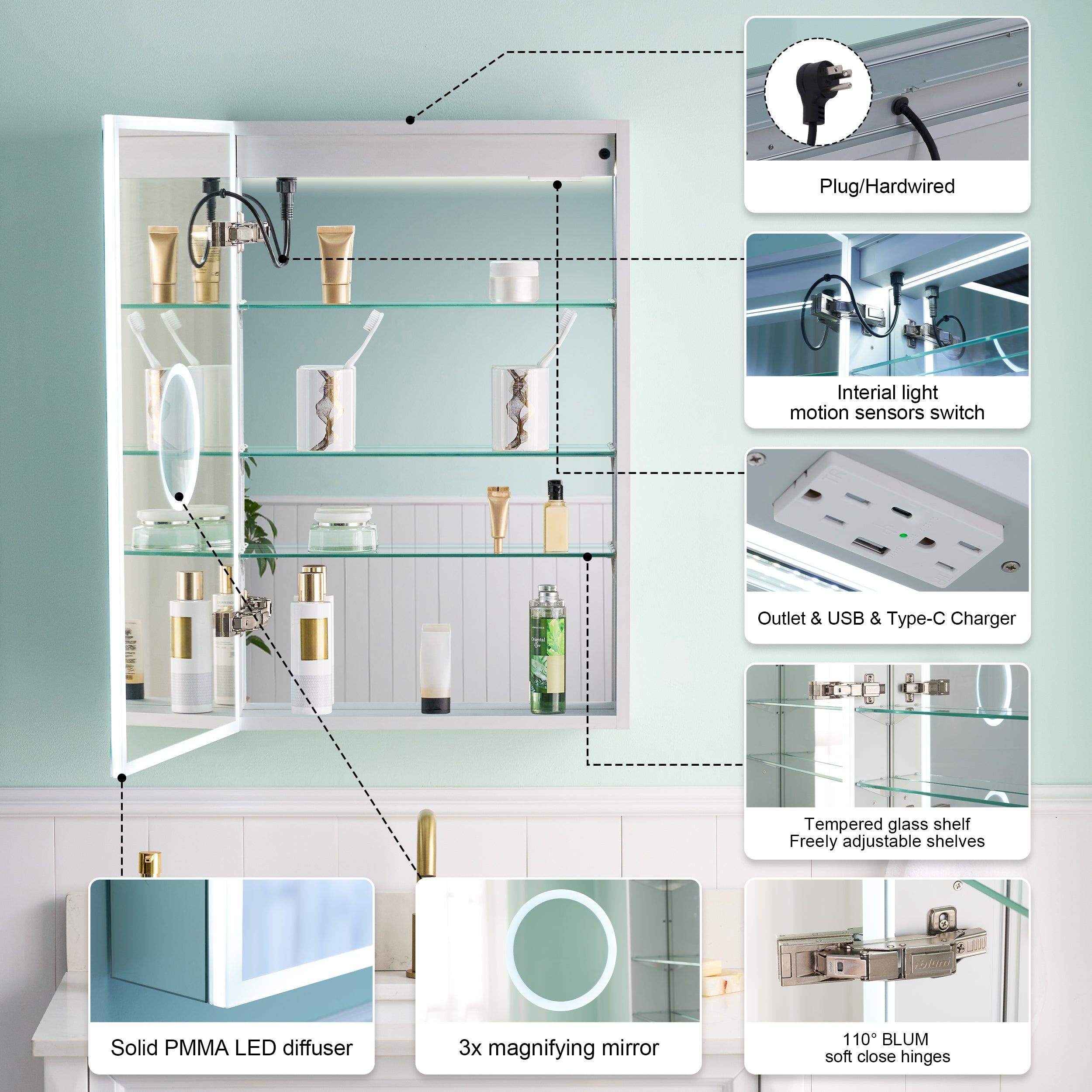 2-Pack 20" x 30" LED Medicine Cabinet with Mirror, Recessed or Surface Mount, Left/Right Hinge, Rectangular