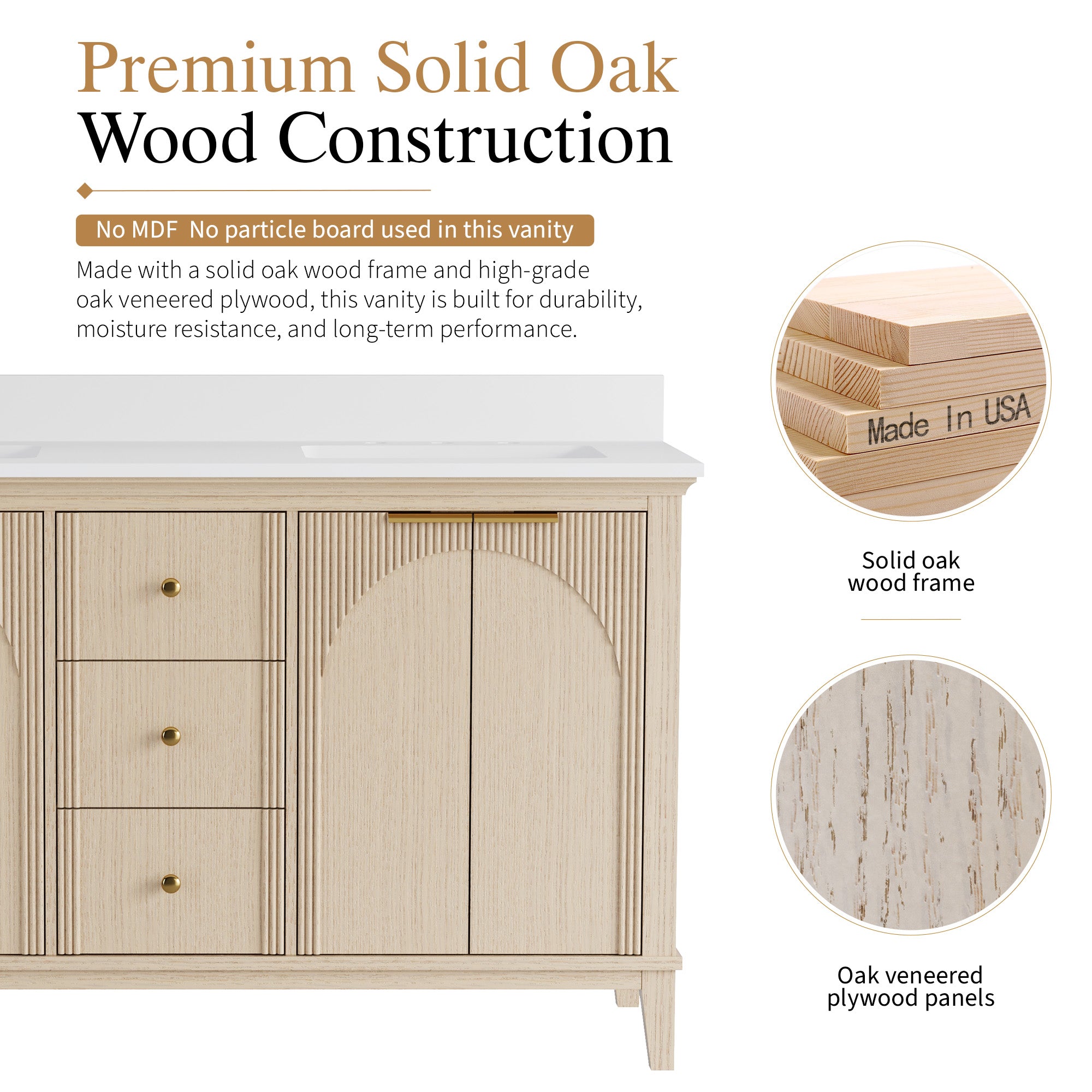 60 Inch Modern Light Oak Solid Wood Bathroom Vanity with White Quartz Countertop & 3 Soft-Close Drawers