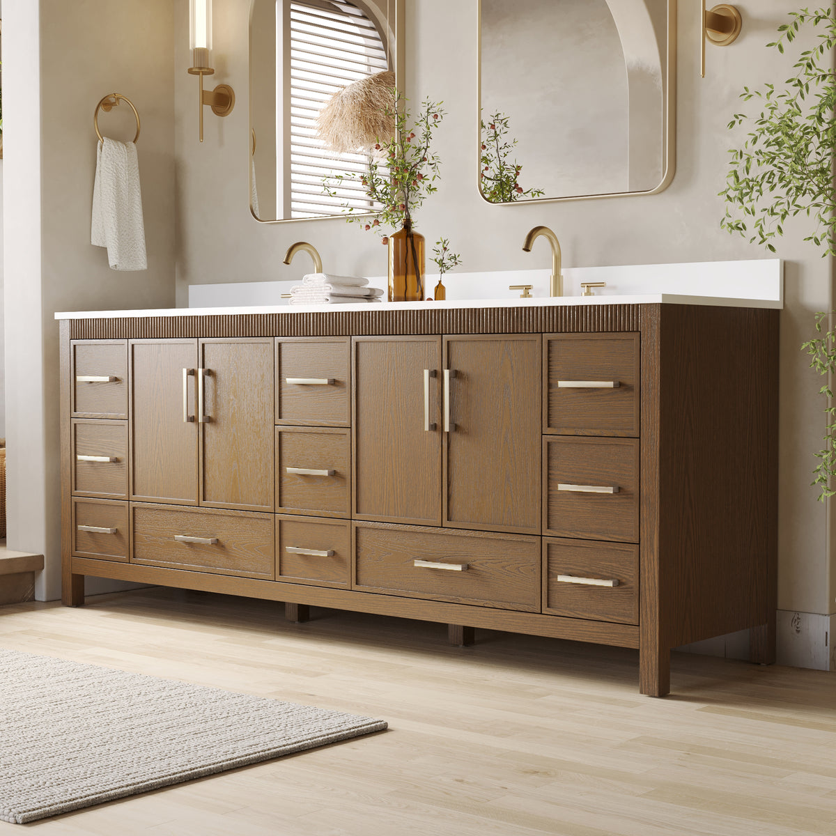 84 Inch Freestanding Solid Wood Bathroom Vanity with Pure White Quartz Countertop, 4 Soft-Close Doors & 11 Dovetail Drawers, Walnut