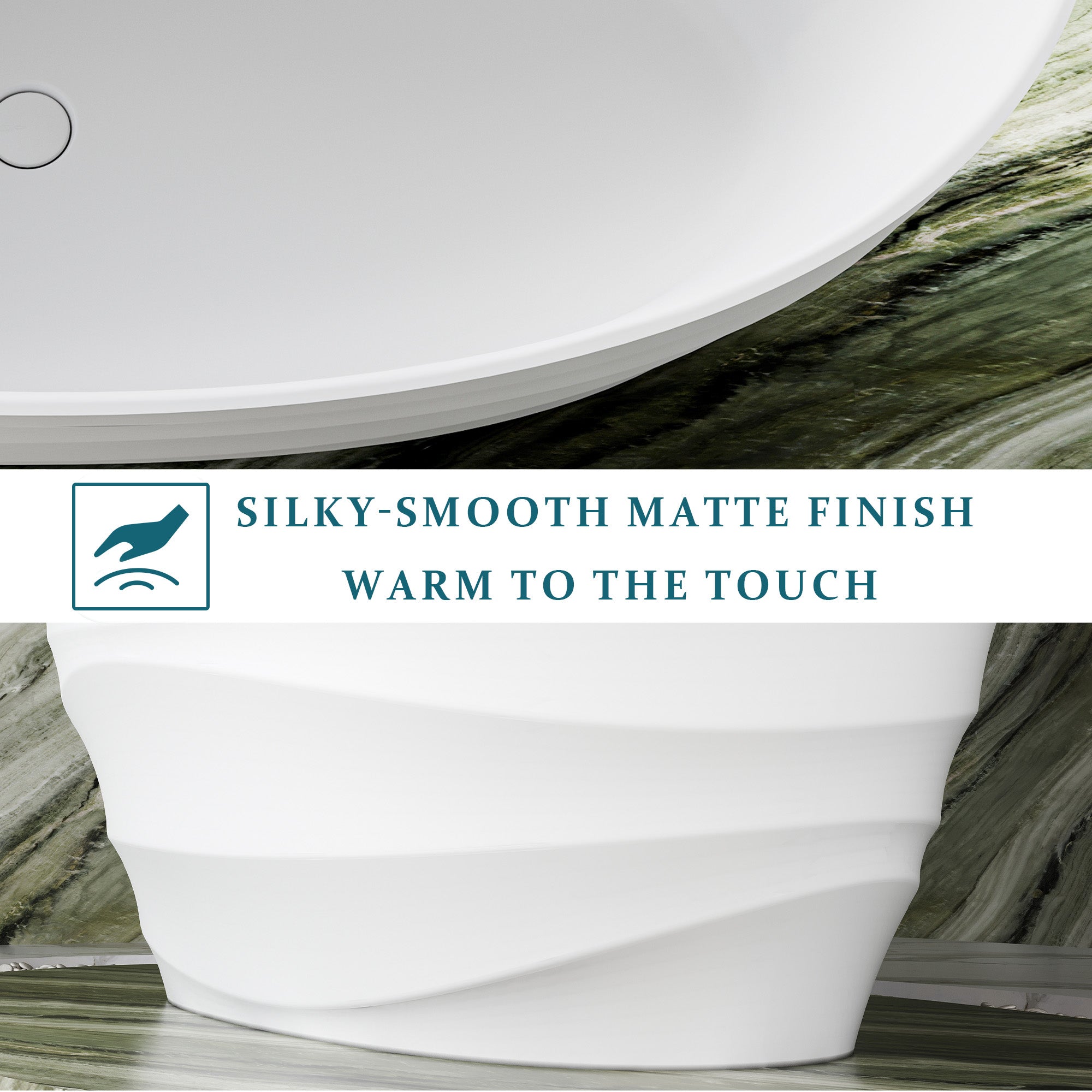 62" Freestanding Bathtub with Unique Ripple Texture, Modern Solid surface Soaking Tub with Overflow & Drain, Matte White